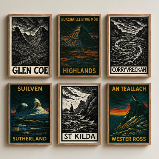 Set of Six Scottish Highlands Art Prints - 6 Woodcut Posters - Glen Coe, Buachaille Etive Mor, Corryvreckan, Suilven, St Kilda, An Teallach