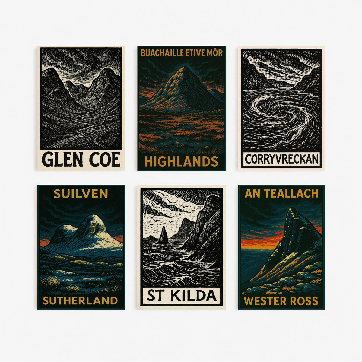 Set of Six Scottish Highlands Art Prints - 6 Woodcut Posters - Glen Coe, Buachaille Etive Mor, Corryvreckan, Suilven, St Kilda, An Teallach