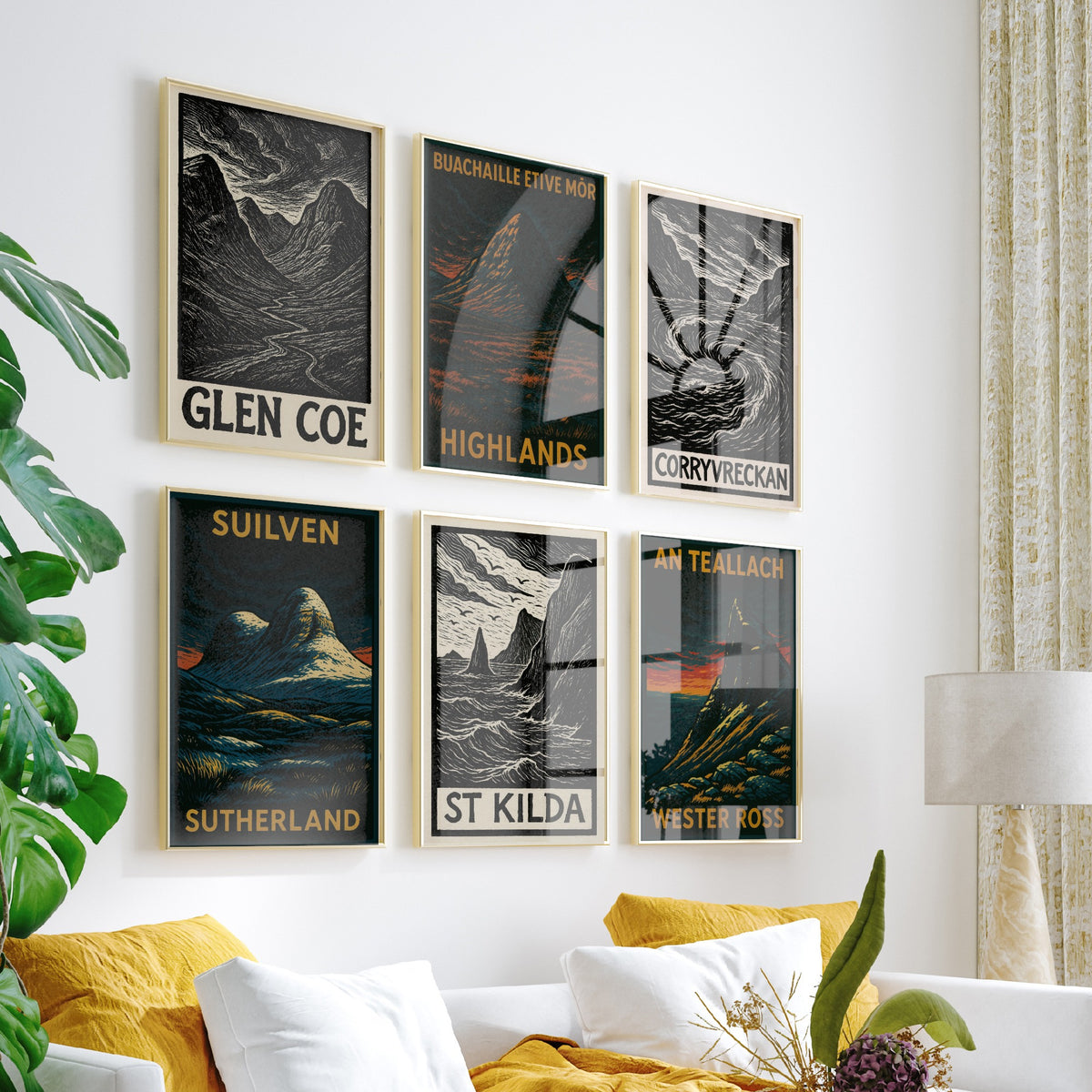 Set of Six Scottish Highlands Art Prints - 6 Woodcut Posters - Glen Coe, Buachaille Etive Mor, Corryvreckan, Suilven, St Kilda, An Teallach