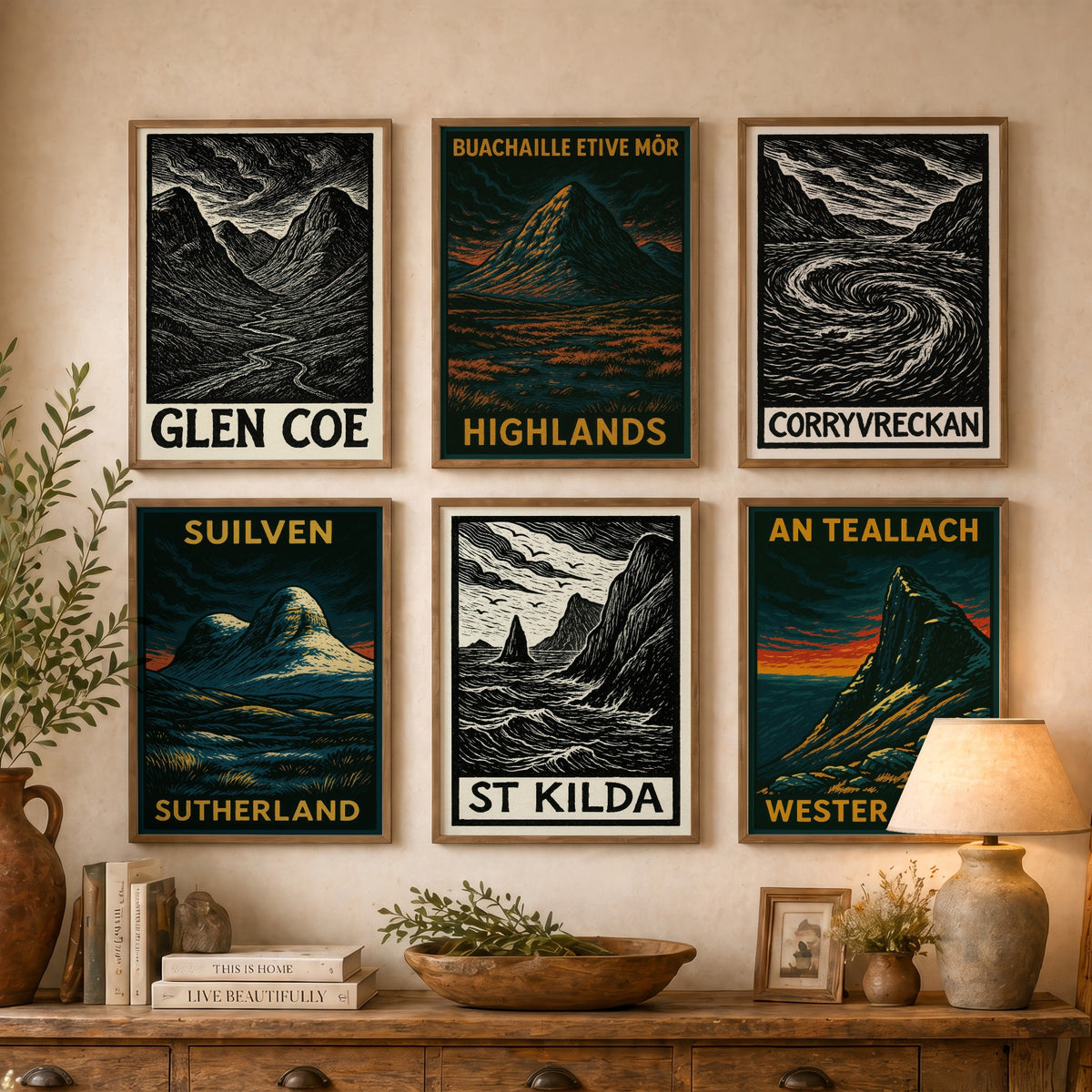 Set of Six Scottish Highlands Art Prints - 6 Woodcut Posters - Glen Coe, Buachaille Etive Mor, Corryvreckan, Suilven, St Kilda, An Teallach