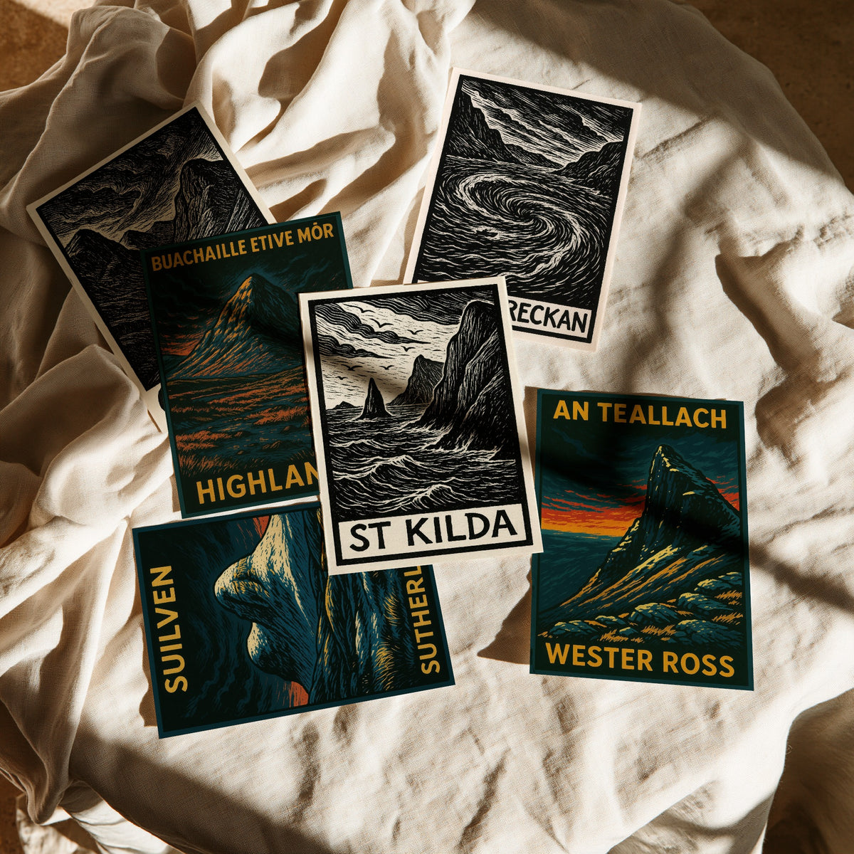 Set of Six Scottish Highlands Art Prints - 6 Woodcut Posters - Glen Coe, Buachaille Etive Mor, Corryvreckan, Suilven, St Kilda, An Teallach