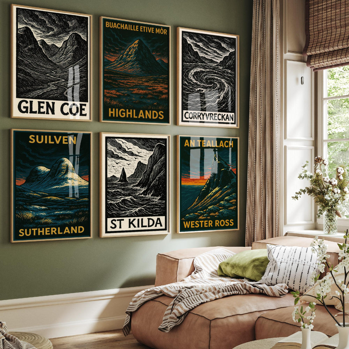 Set of Six Scottish Highlands Art Prints - 6 Woodcut Posters - Glen Coe, Buachaille Etive Mor, Corryvreckan, Suilven, St Kilda, An Teallach