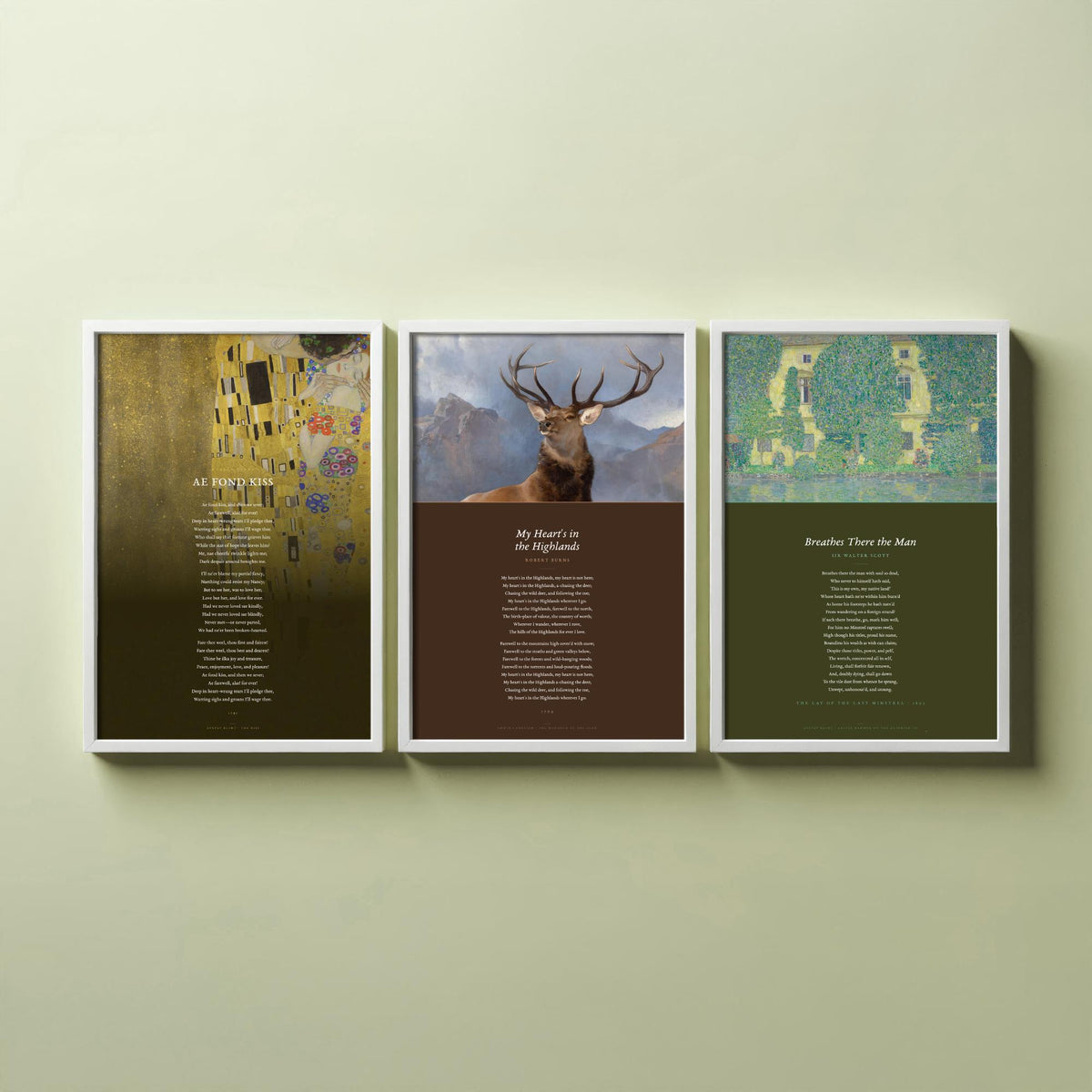 Scottish Poems Set of Three Art Prints - Ae Fond Kiss, My Heart is in the Highlands, Breathes There the Man - Klimt Painting Poetry Poster