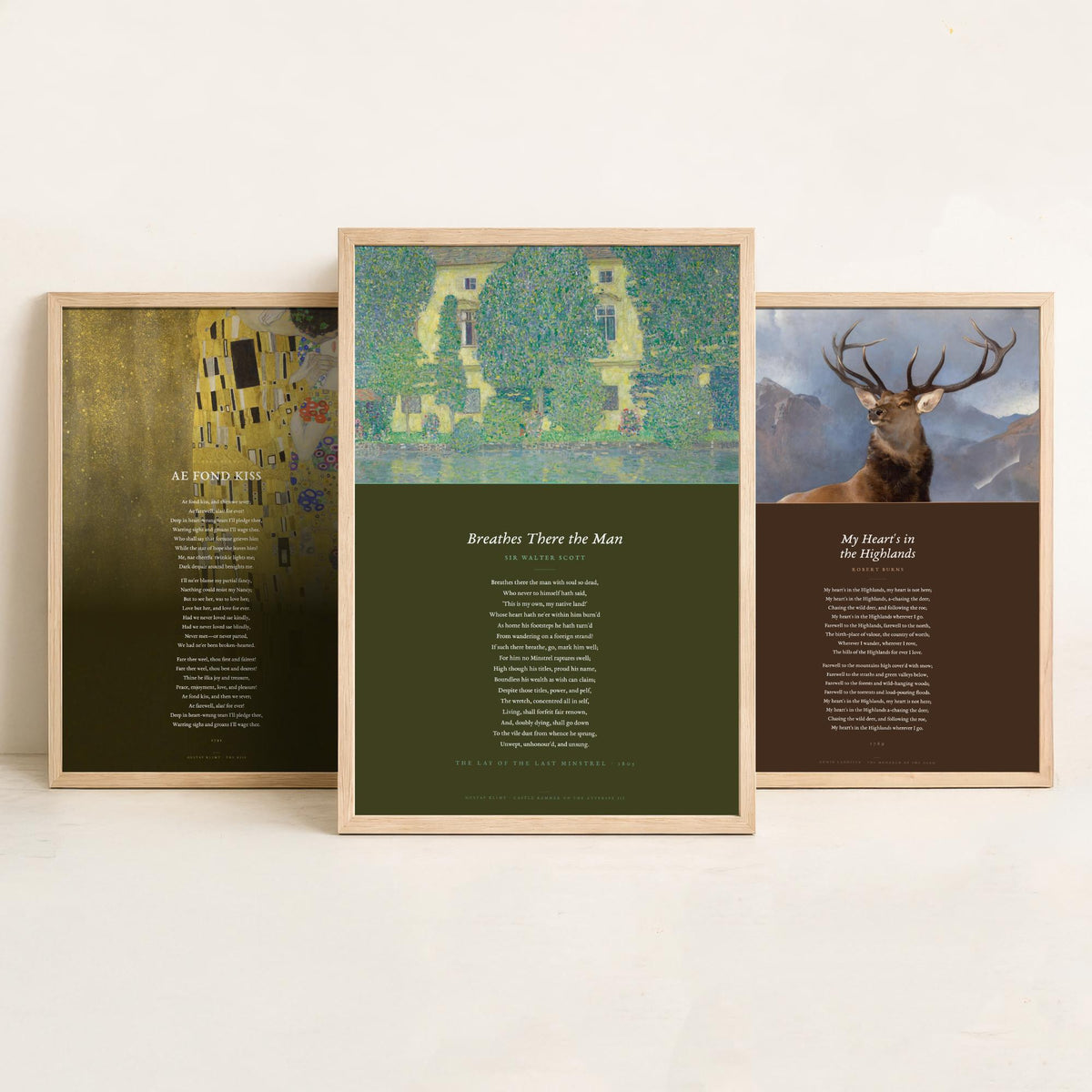 Scottish Poems Set of Three Art Prints - Ae Fond Kiss, My Heart is in the Highlands, Breathes There the Man - Klimt Painting Poetry Poster