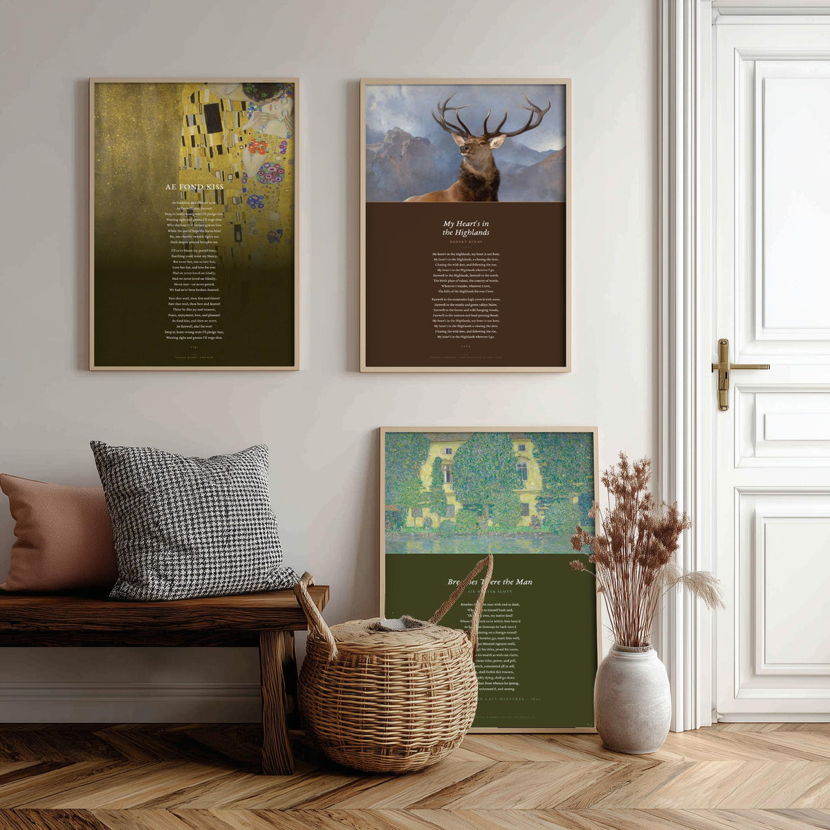 Scottish Poems Set of Three Art Prints - Ae Fond Kiss, My Heart is in the Highlands, Breathes There the Man - Klimt Painting Poetry Poster