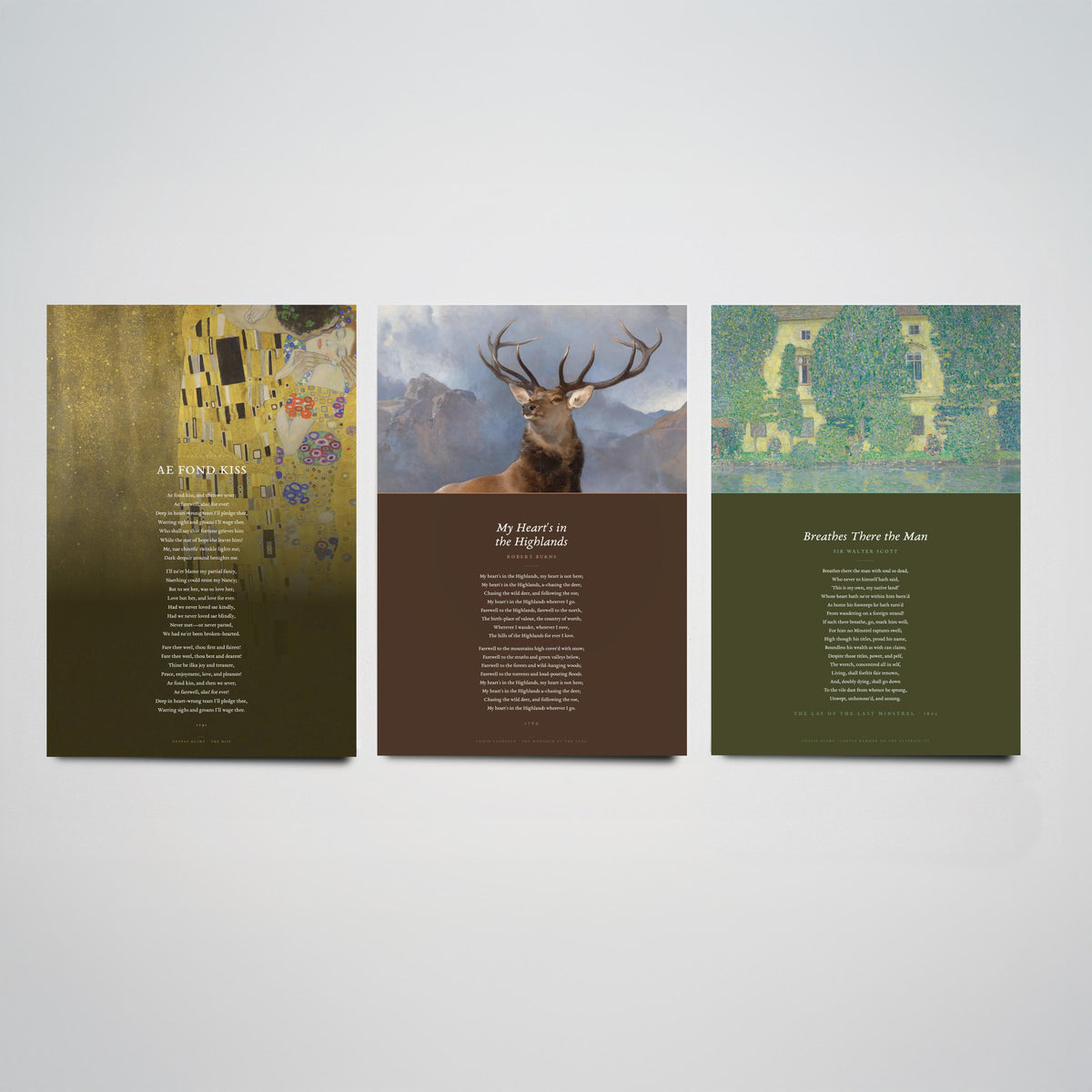 Scottish Poems Set of Three Art Prints - Ae Fond Kiss, My Heart is in the Highlands, Breathes There the Man - Klimt Painting Poetry Poster