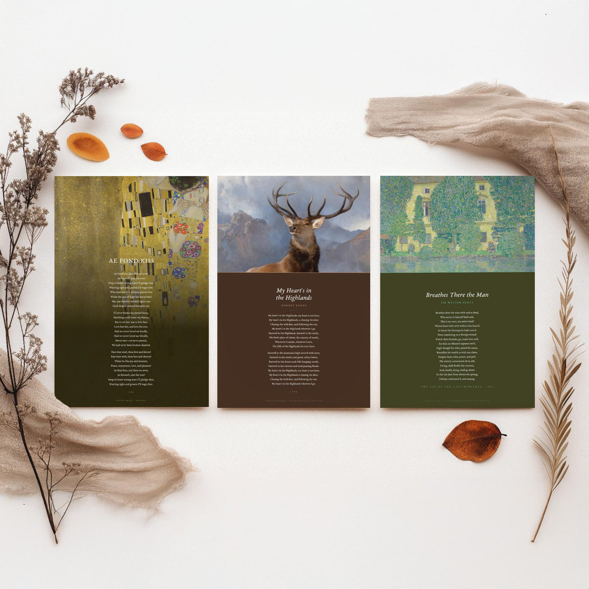 Scottish Poems Set of Three Art Prints - Ae Fond Kiss, My Heart is in the Highlands, Breathes There the Man - Klimt Painting Poetry Poster