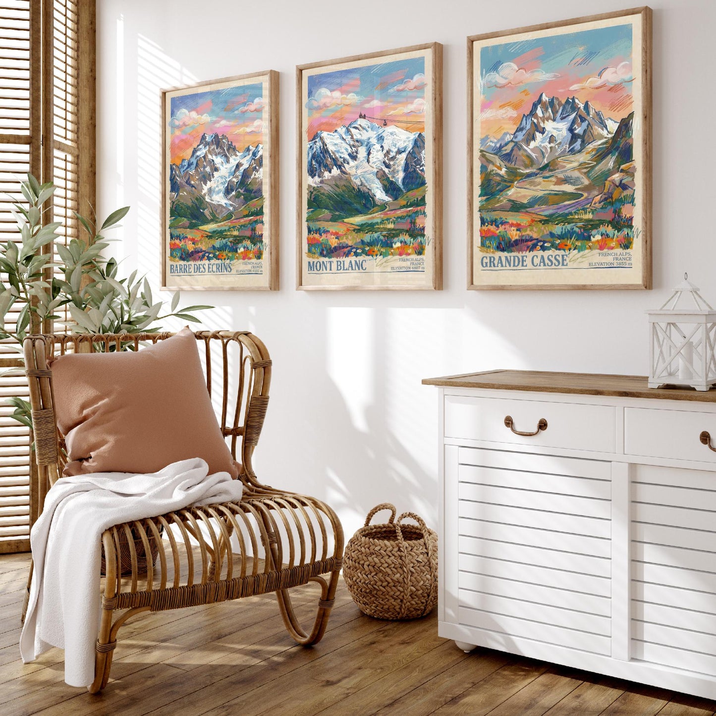 French Alps Set of Three Art Prints - Barre des Ecrins, Mont Blanc, Grande Casse - 3 Scribble Mountain Posters - Illustration Gift Map