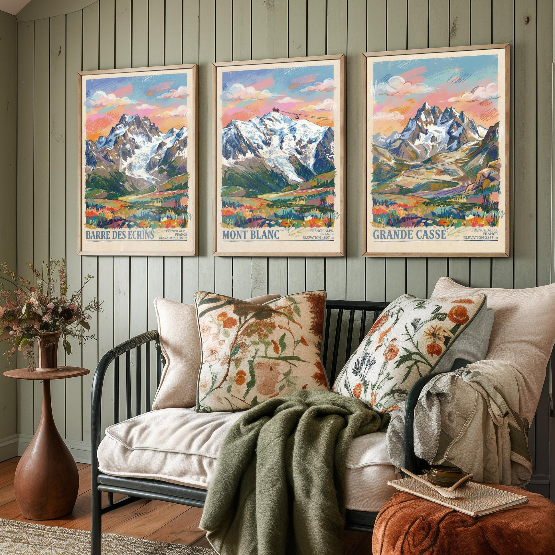 French Alps Set of Three Art Prints - Barre des Ecrins, Mont Blanc, Grande Casse - 3 Scribble Mountain Posters - Illustration Gift Map