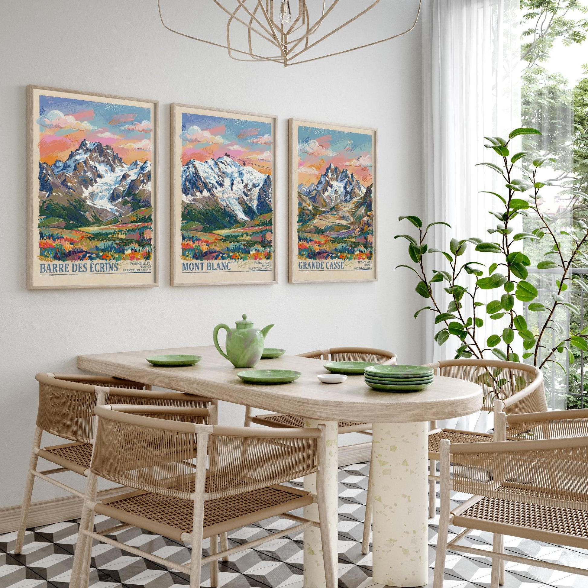 French Alps Set of Three Art Prints - Barre des Ecrins, Mont Blanc, Grande Casse - 3 Scribble Mountain Posters - Illustration Gift Map