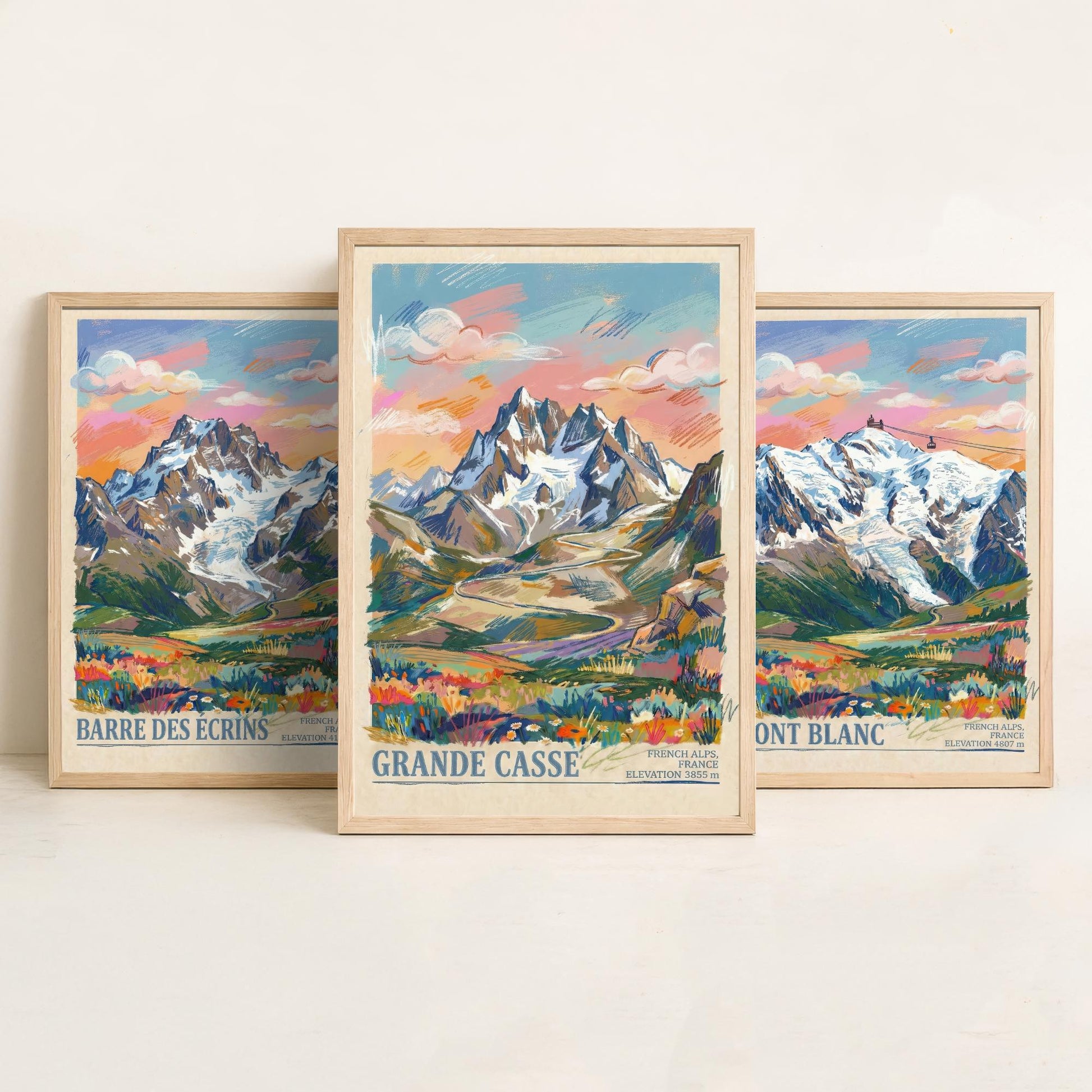 French Alps Set of Three Art Prints - Barre des Ecrins, Mont Blanc, Grande Casse - 3 Scribble Mountain Posters - Illustration Gift Map