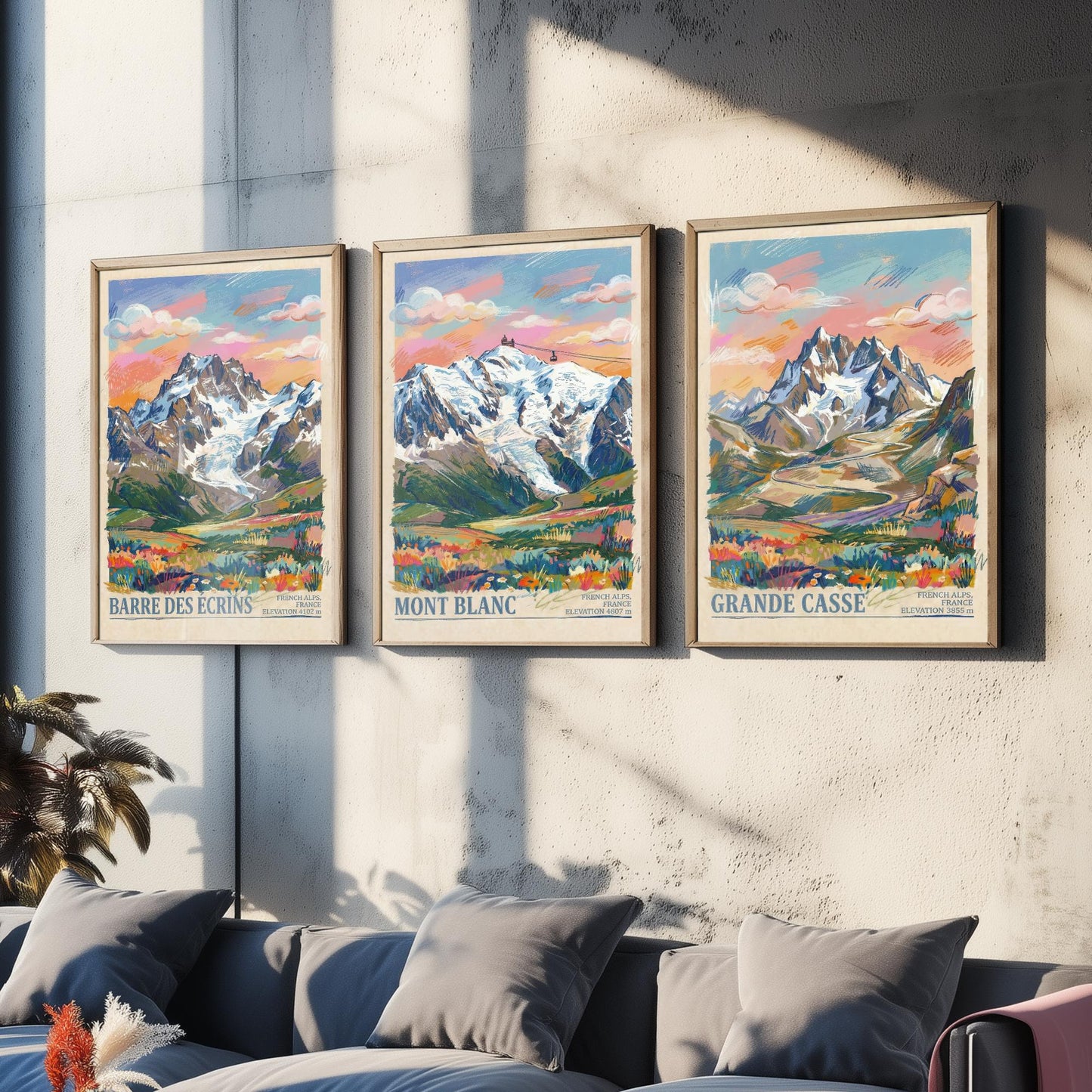French Alps Set of Three Art Prints - Barre des Ecrins, Mont Blanc, Grande Casse - 3 Scribble Mountain Posters - Illustration Gift Map