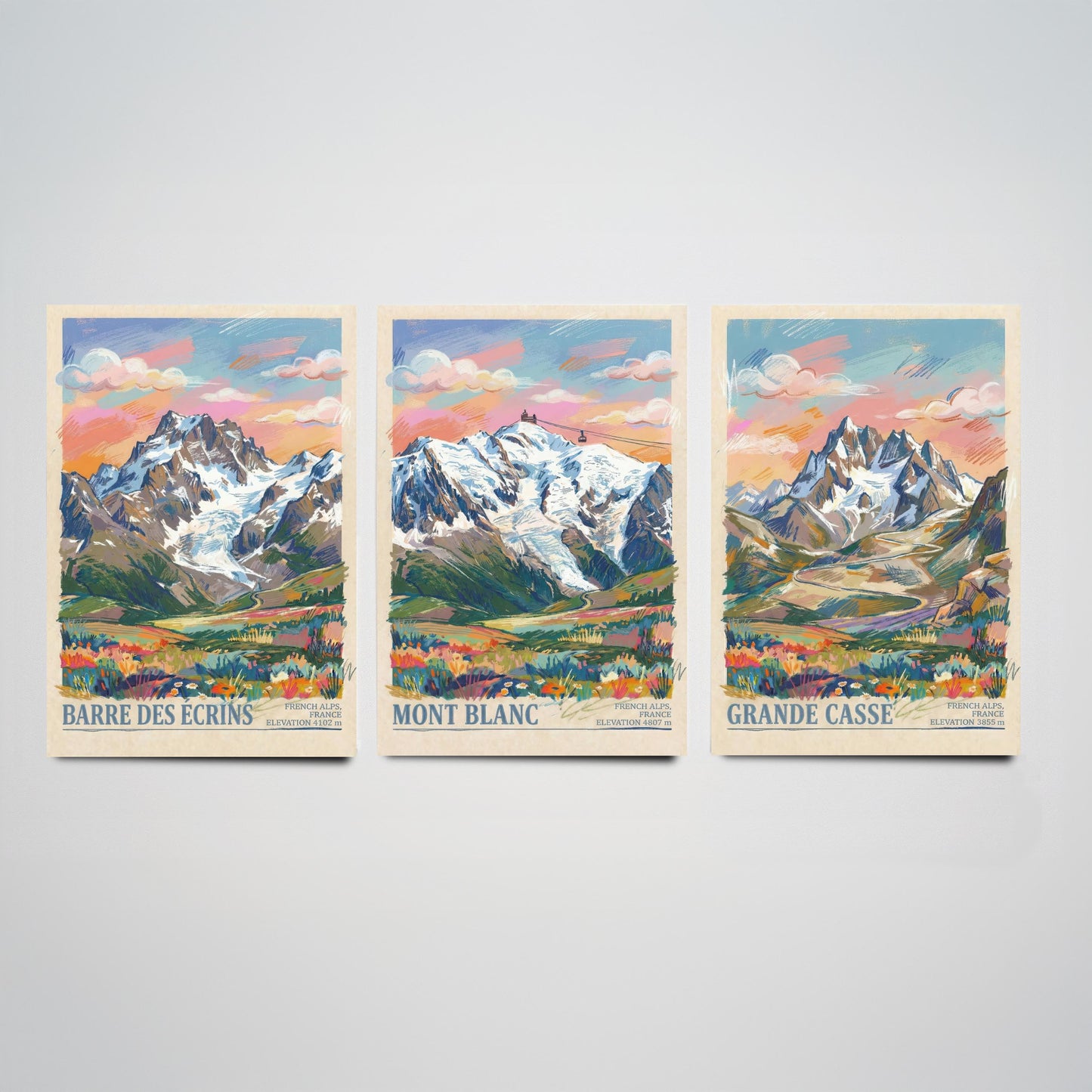 French Alps Set of Three Art Prints - Barre des Ecrins, Mont Blanc, Grande Casse - 3 Scribble Mountain Posters - Illustration Gift Map