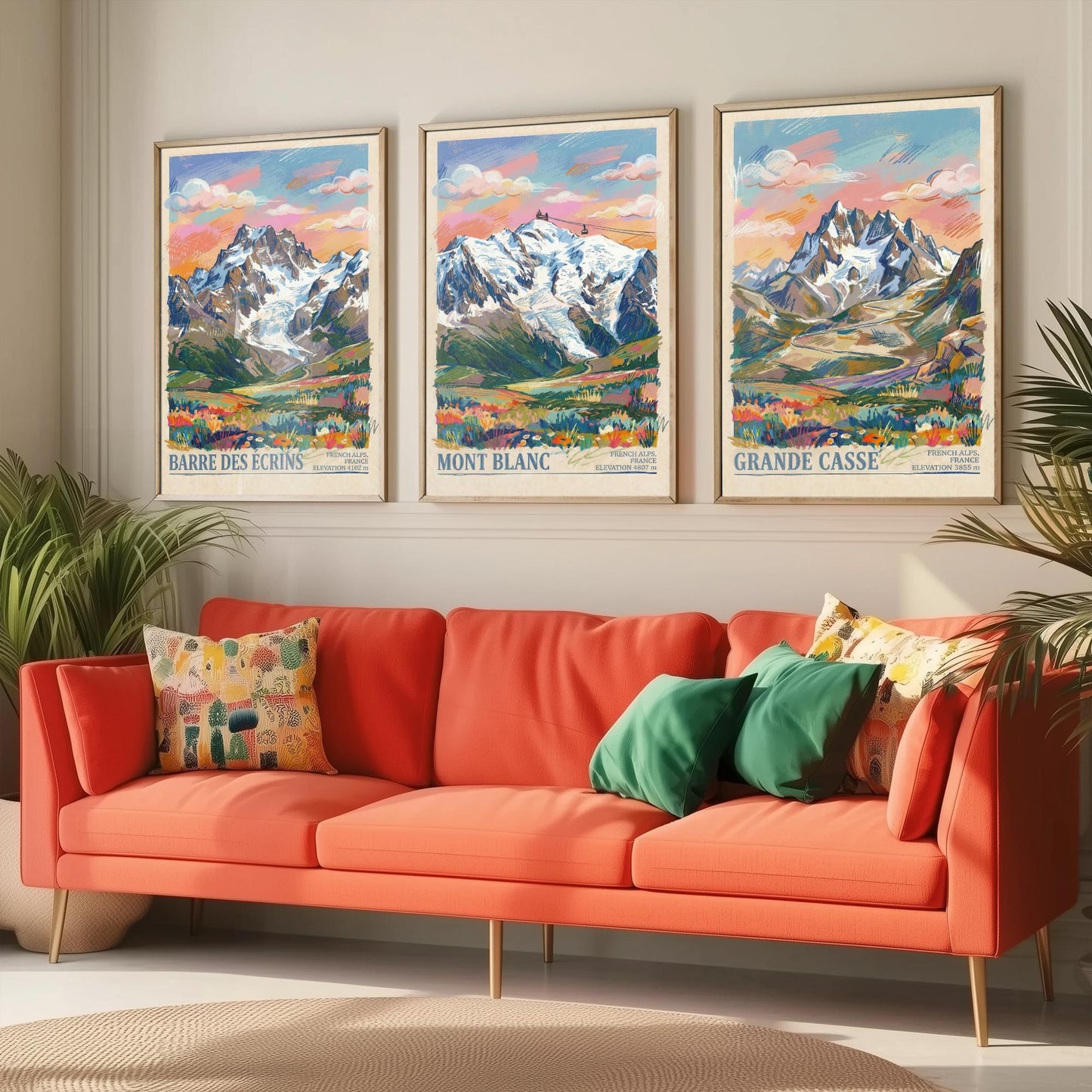French Alps Set of Three Art Prints - Barre des Ecrins, Mont Blanc, Grande Casse - 3 Scribble Mountain Posters - Illustration Gift Map