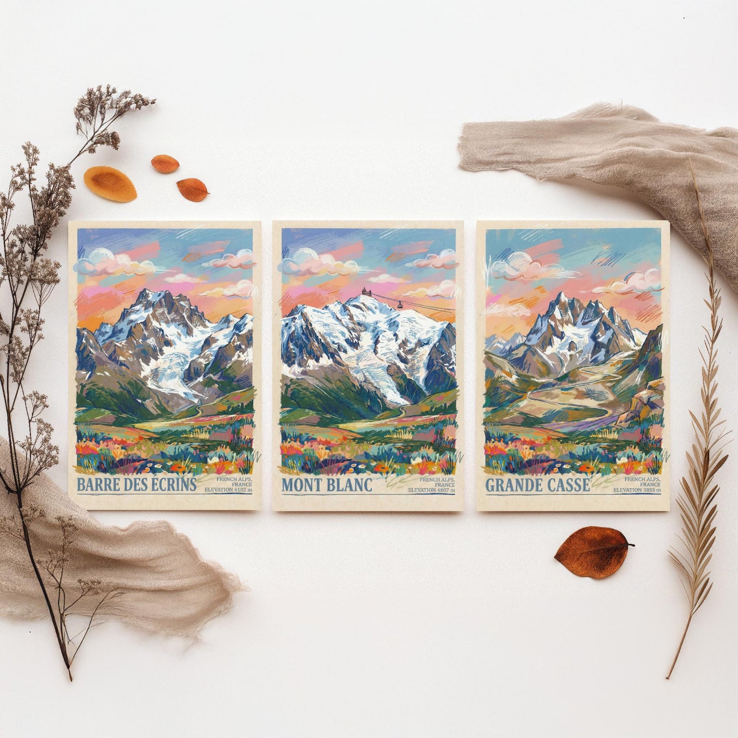 French Alps Set of Three Art Prints - Barre des Ecrins, Mont Blanc, Grande Casse - 3 Scribble Mountain Posters - Illustration Gift Map