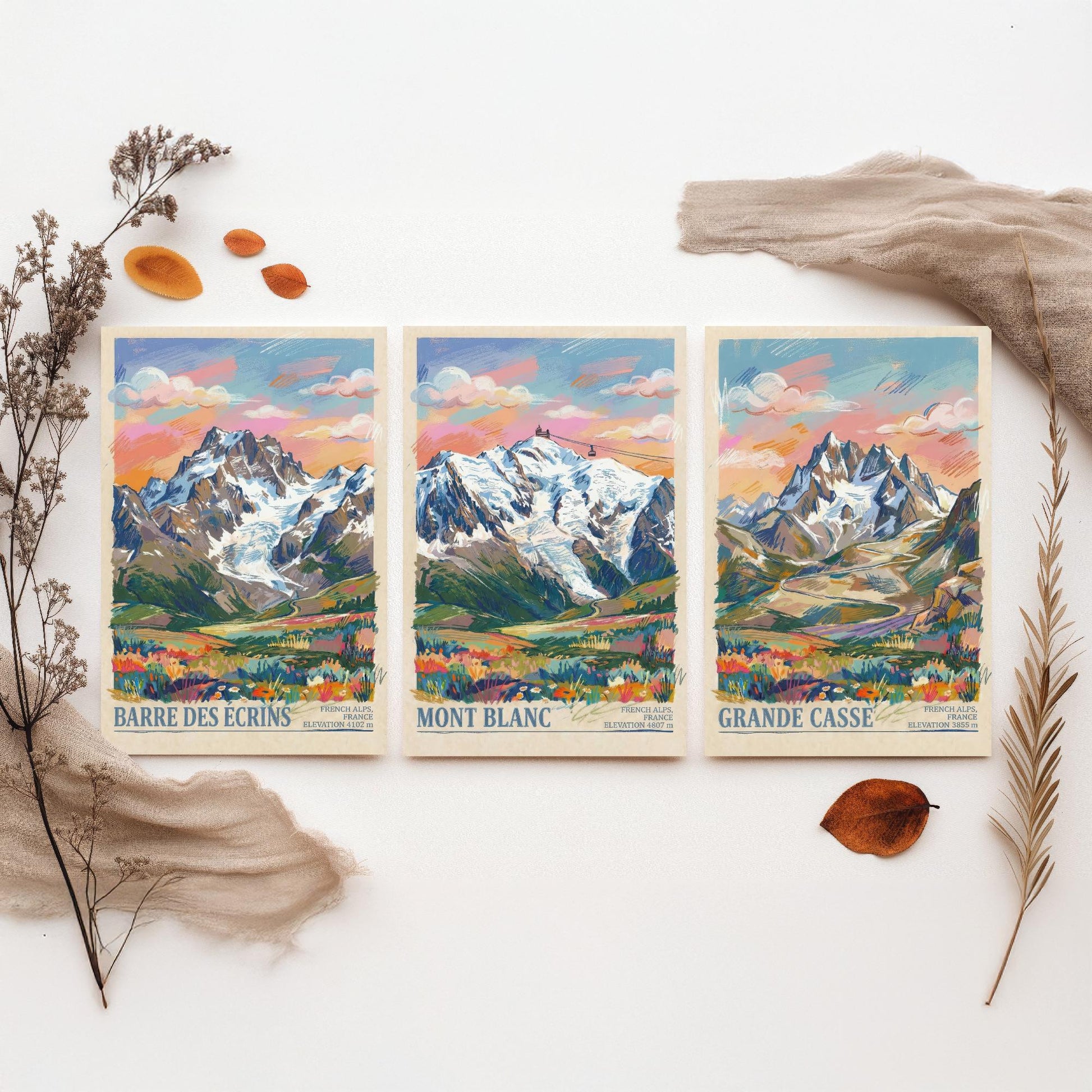 French Alps Set of Three Art Prints - Barre des Ecrins, Mont Blanc, Grande Casse - 3 Scribble Mountain Posters - Illustration Gift Map