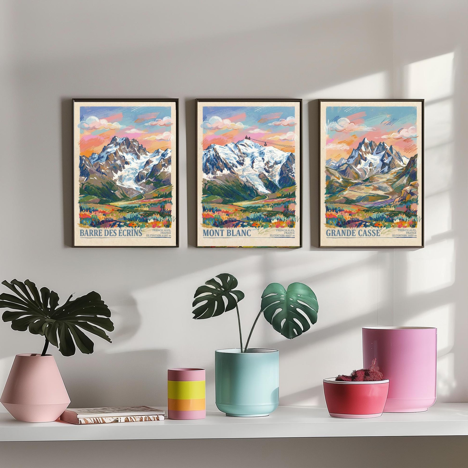 French Alps Set of Three Art Prints - Barre des Ecrins, Mont Blanc, Grande Casse - 3 Scribble Mountain Posters - Illustration Gift Map