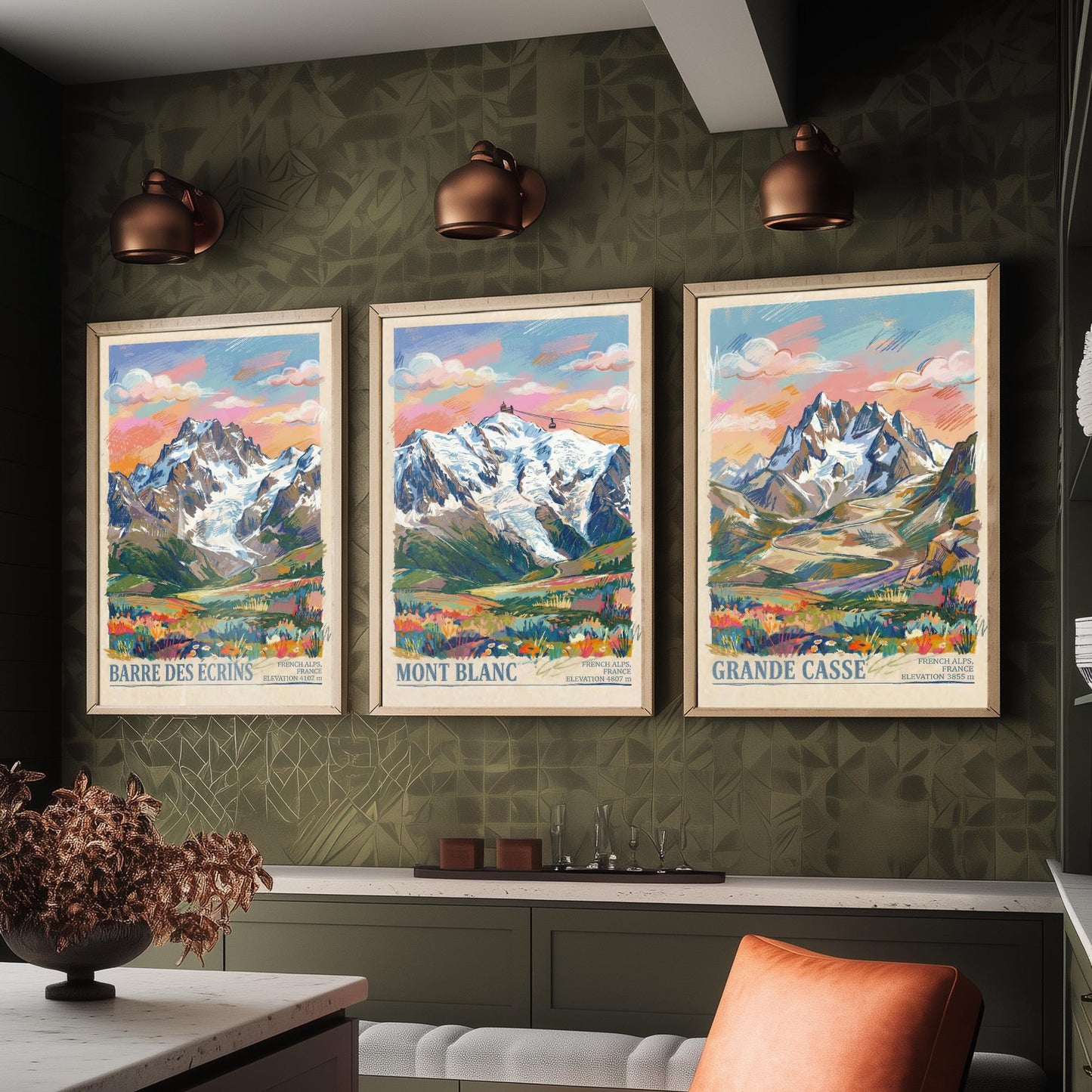 French Alps Set of Three Art Prints - Barre des Ecrins, Mont Blanc, Grande Casse - 3 Scribble Mountain Posters - Illustration Gift Map