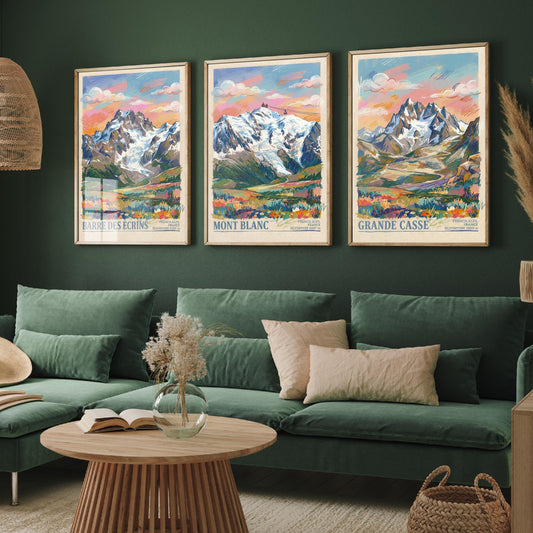 French Alps Set of Three Art Prints - Barre des Ecrins, Mont Blanc, Grande Casse - 3 Scribble Mountain Posters - Illustration Gift Map