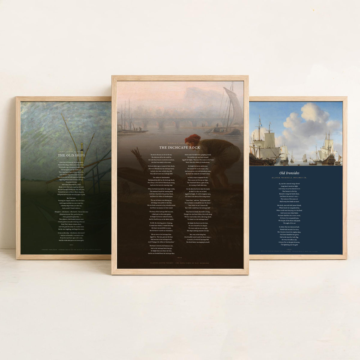 Sea and Ships Poems Set of Three Art Prints - The Old Ships, Old Ironsides, The Inchcape Rock - Full Poems over Paintings Nautical Poster
