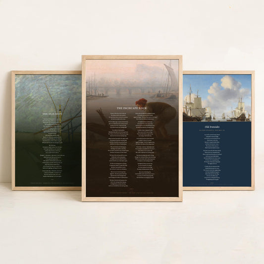 Sea and Ships Poems Set of Three Art Prints - The Old Ships, Old Ironsides, The Inchcape Rock - Full Poems over Paintings Nautical Poster