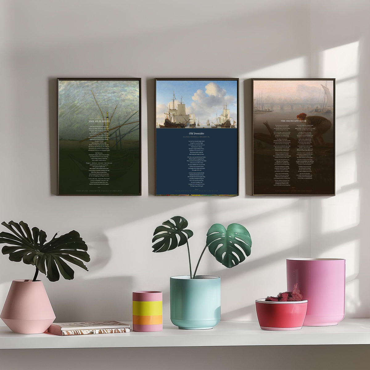 Sea and Ships Poems Set of Three Art Prints - The Old Ships, Old Ironsides, The Inchcape Rock - Full Poems over Paintings Nautical Poster