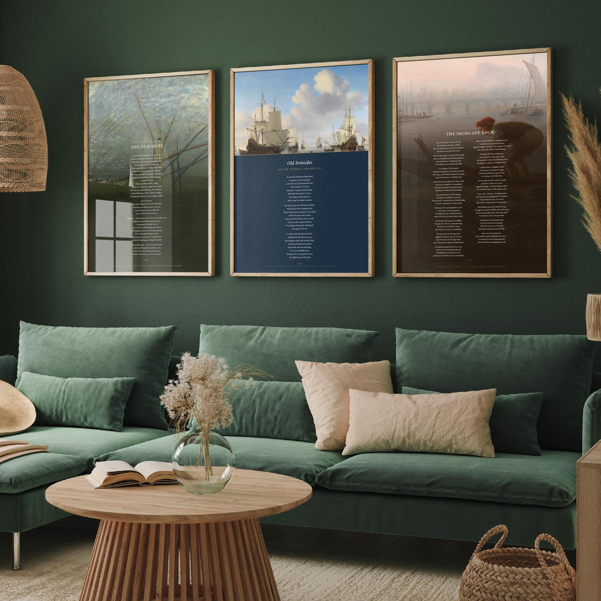 Sea and Ships Poems Set of Three Art Prints - The Old Ships, Old Ironsides, The Inchcape Rock - Full Poems over Paintings Nautical Poster