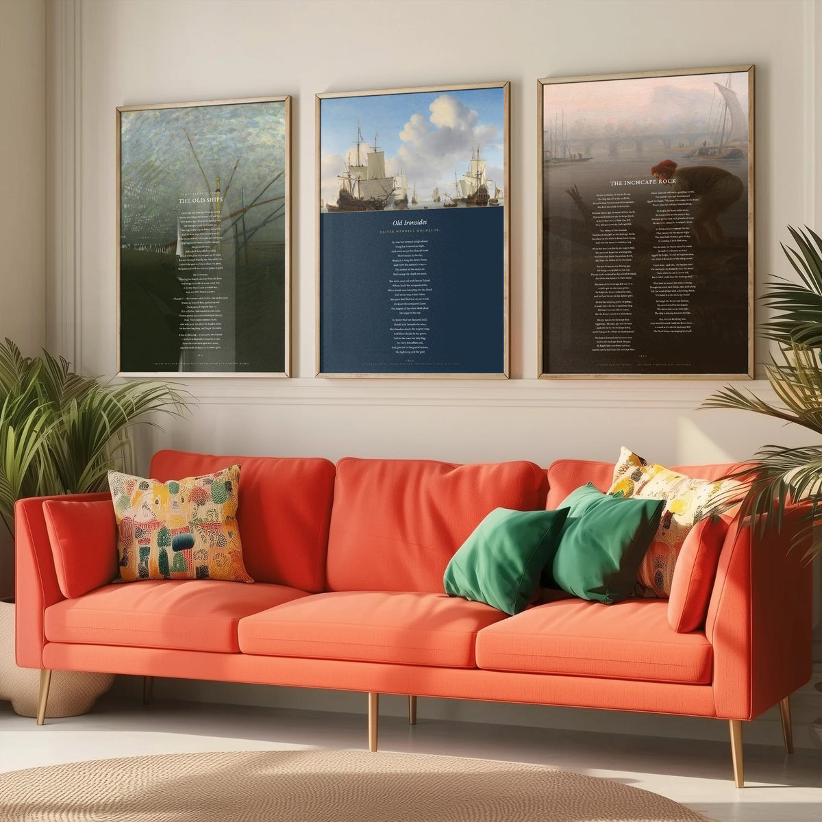Sea and Ships Poems Set of Three Art Prints - The Old Ships, Old Ironsides, The Inchcape Rock - Full Poems over Paintings Nautical Poster