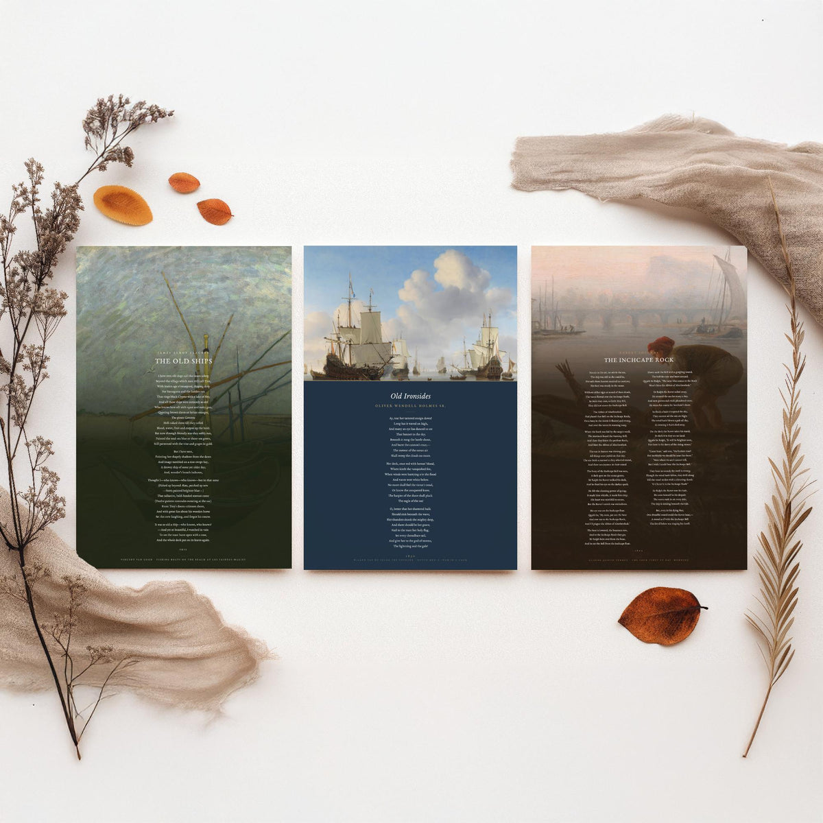 Sea and Ships Poems Set of Three Art Prints - The Old Ships, Old Ironsides, The Inchcape Rock - Full Poems over Paintings Nautical Poster