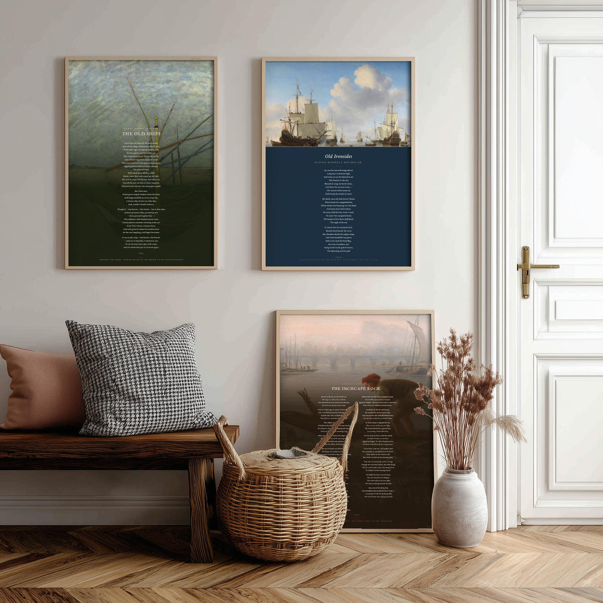 Sea and Ships Poems Set of Three Art Prints - The Old Ships, Old Ironsides, The Inchcape Rock - Full Poems over Paintings Nautical Poster