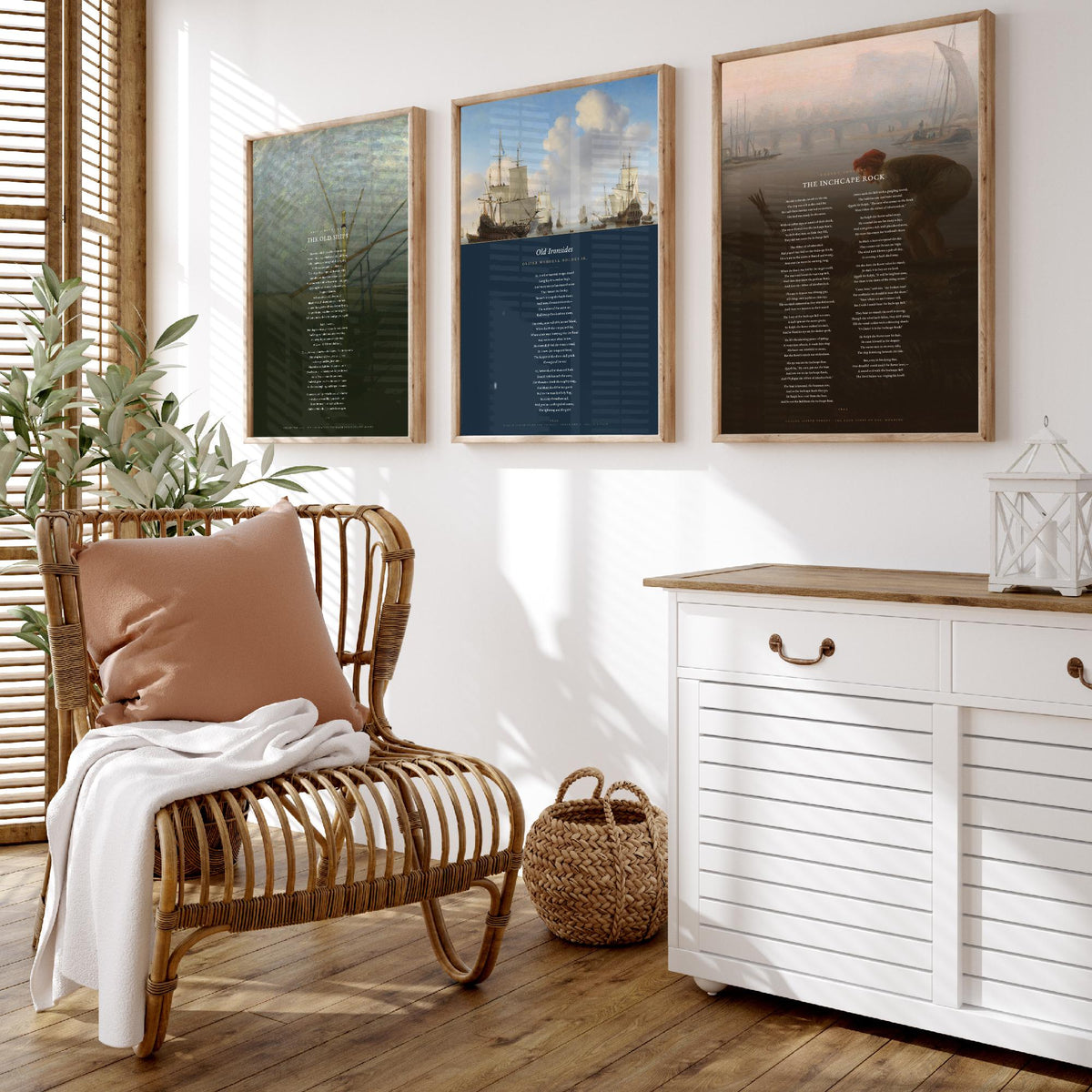 Sea and Ships Poems Set of Three Art Prints - The Old Ships, Old Ironsides, The Inchcape Rock - Full Poems over Paintings Nautical Poster