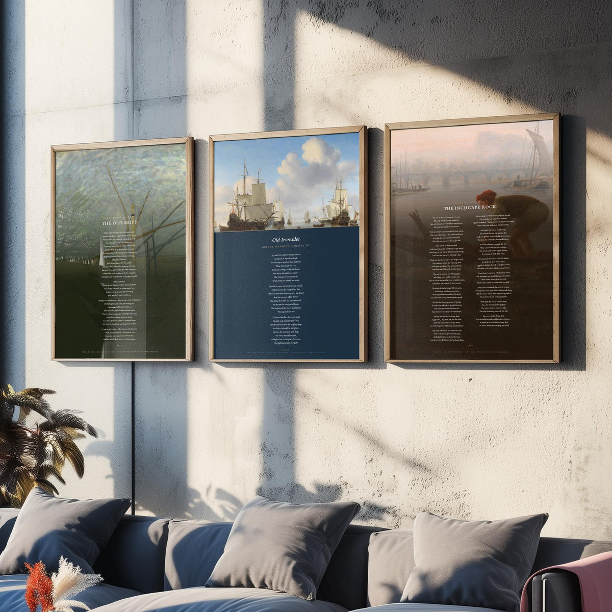 Sea and Ships Poems Set of Three Art Prints - The Old Ships, Old Ironsides, The Inchcape Rock - Full Poems over Paintings Nautical Poster