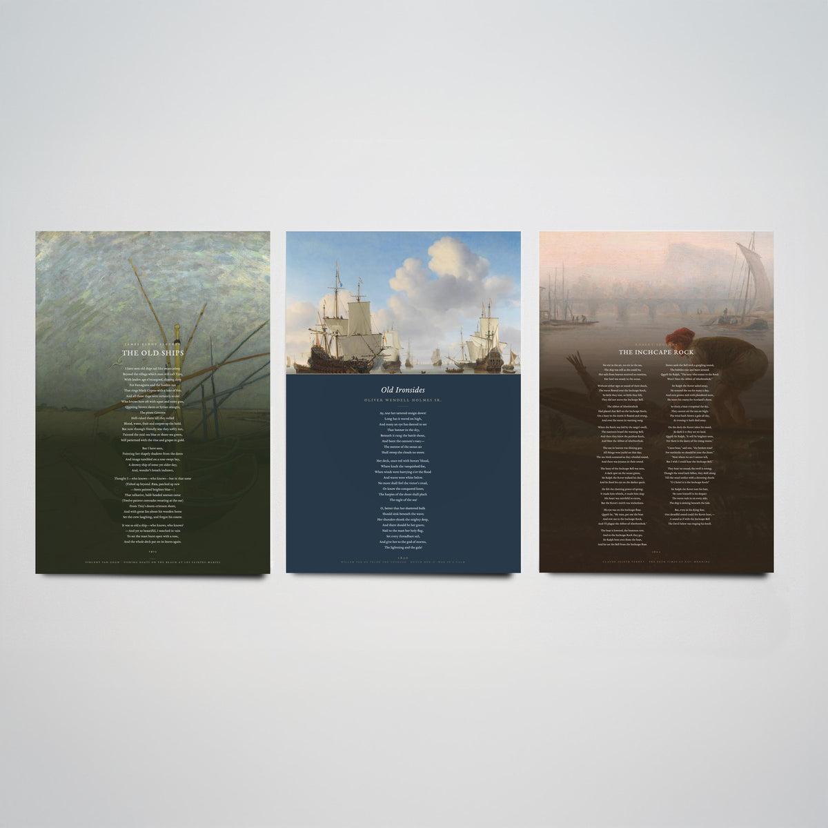 Sea and Ships Poems Set of Three Art Prints - The Old Ships, Old Ironsides, The Inchcape Rock - Full Poems over Paintings Nautical Poster