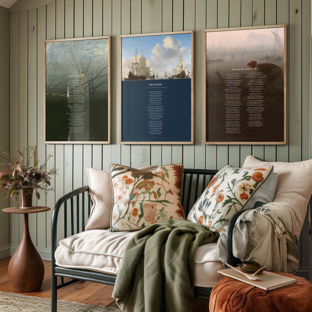 Sea and Ships Poems Set of Three Art Prints - The Old Ships, Old Ironsides, The Inchcape Rock - Full Poems over Paintings Nautical Poster