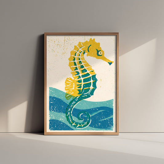 Seahorse Art Print - Yellow Teal Ocean Wave Woodcut - Coastal Sea Life Poster V2 1/3