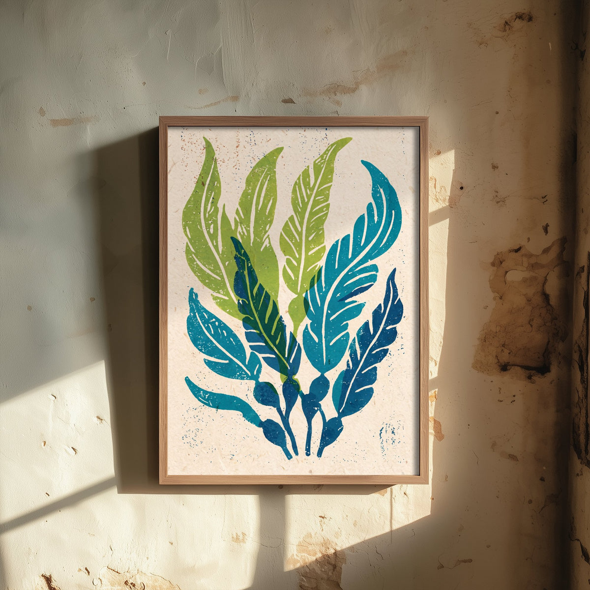 Seaweed Art Print - Green and Indigo Kelp Fronds Woodcut - Coastal Botanical Poster V2 2/3