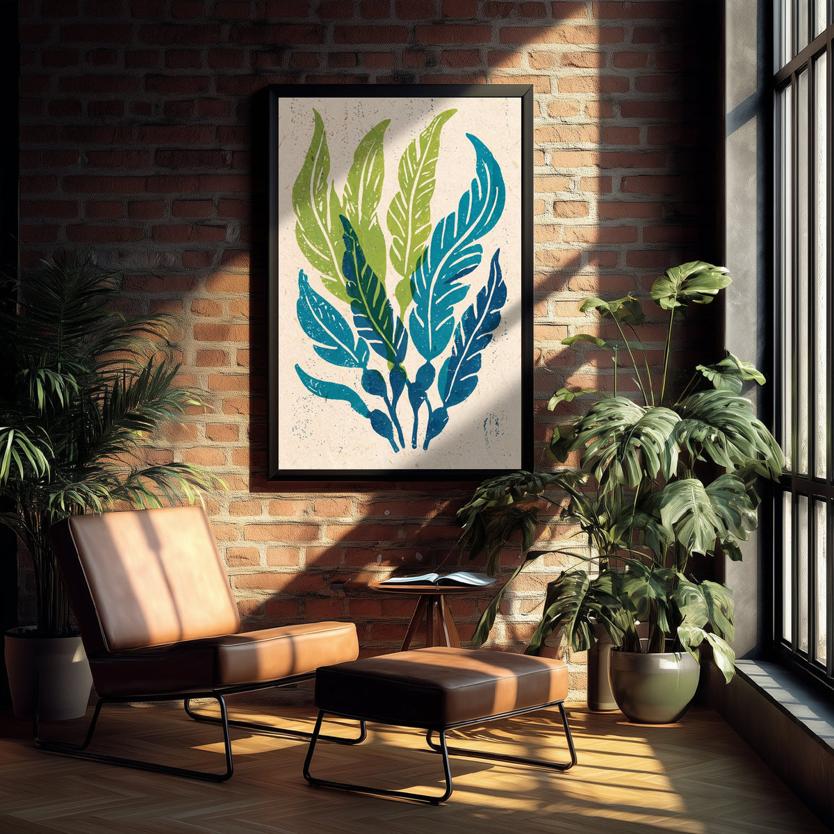 Seaweed Art Print - Green and Indigo Kelp Fronds Woodcut - Coastal Botanical Poster V2 2/3