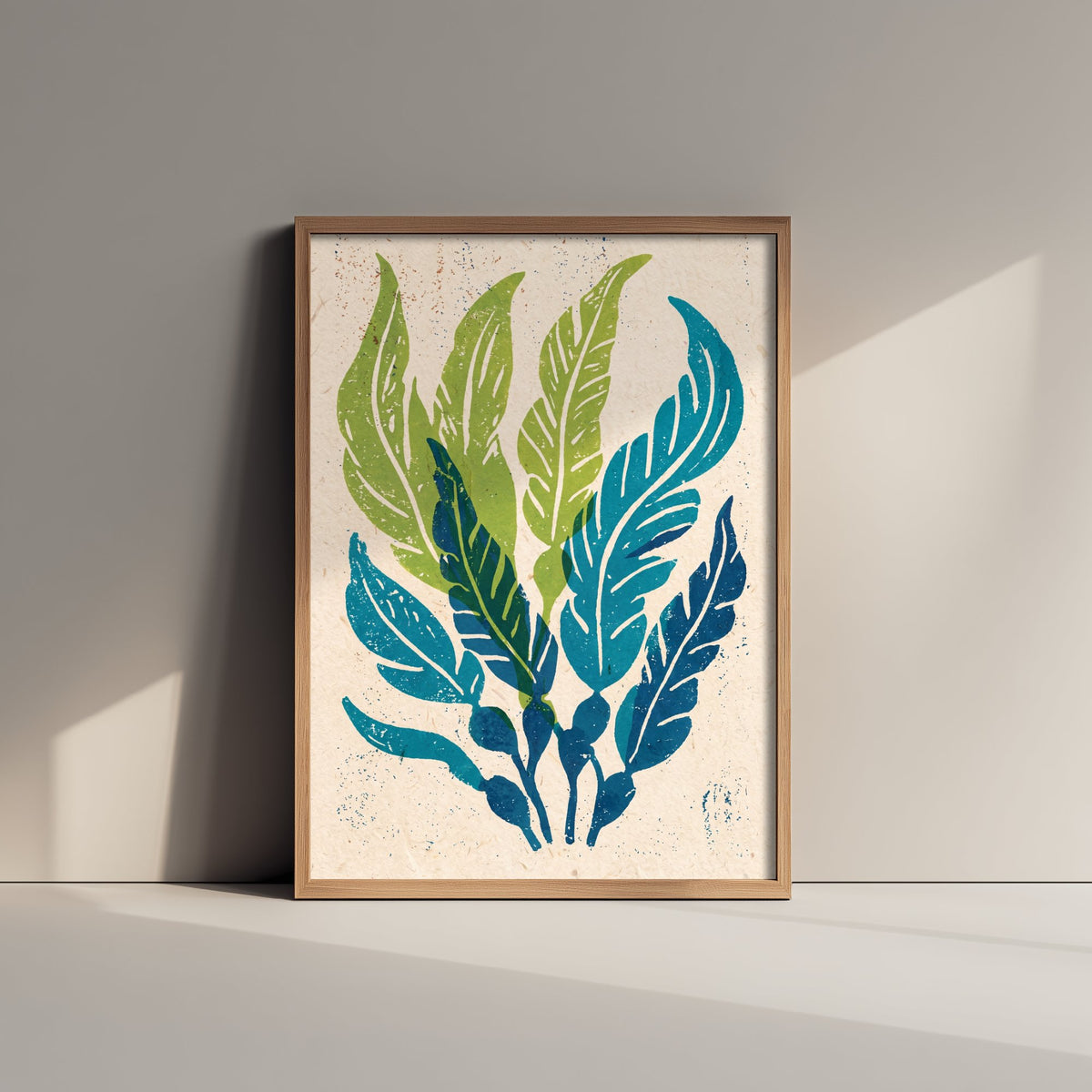 Seaweed Art Print - Green and Indigo Kelp Fronds Woodcut - Coastal Botanical Poster V2 2/3