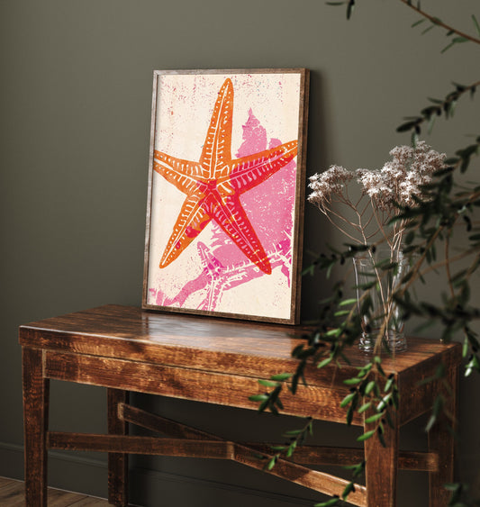 Starfish Art Print - Orange and Pink Sea Star Woodcut - Coastal Beach Poster V2 3/3