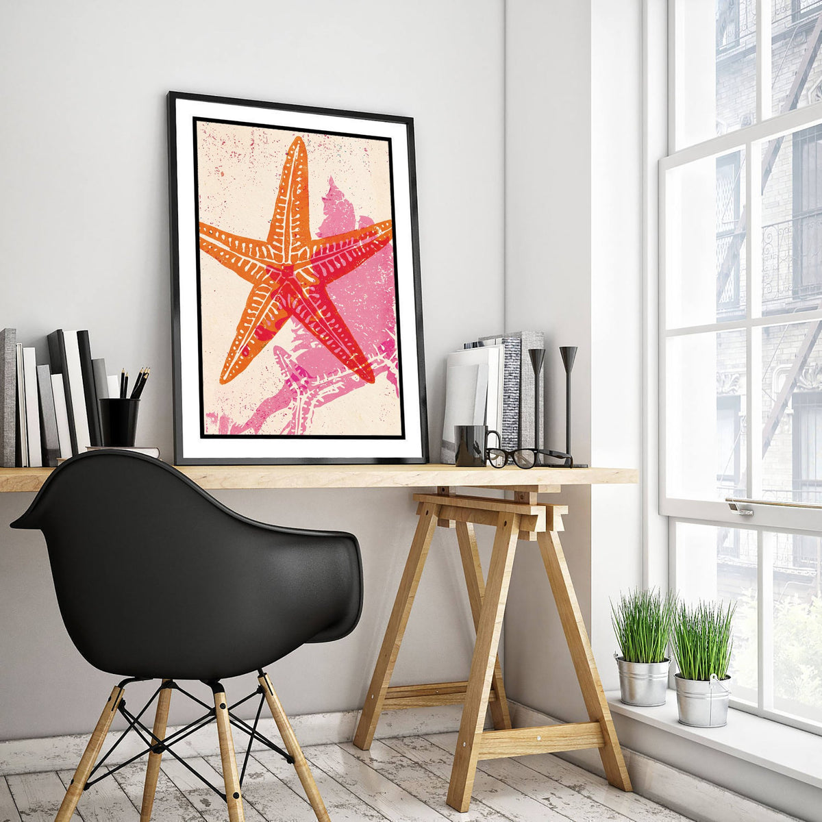 Starfish Art Print - Orange and Pink Sea Star Woodcut - Coastal Beach Poster V2 3/3