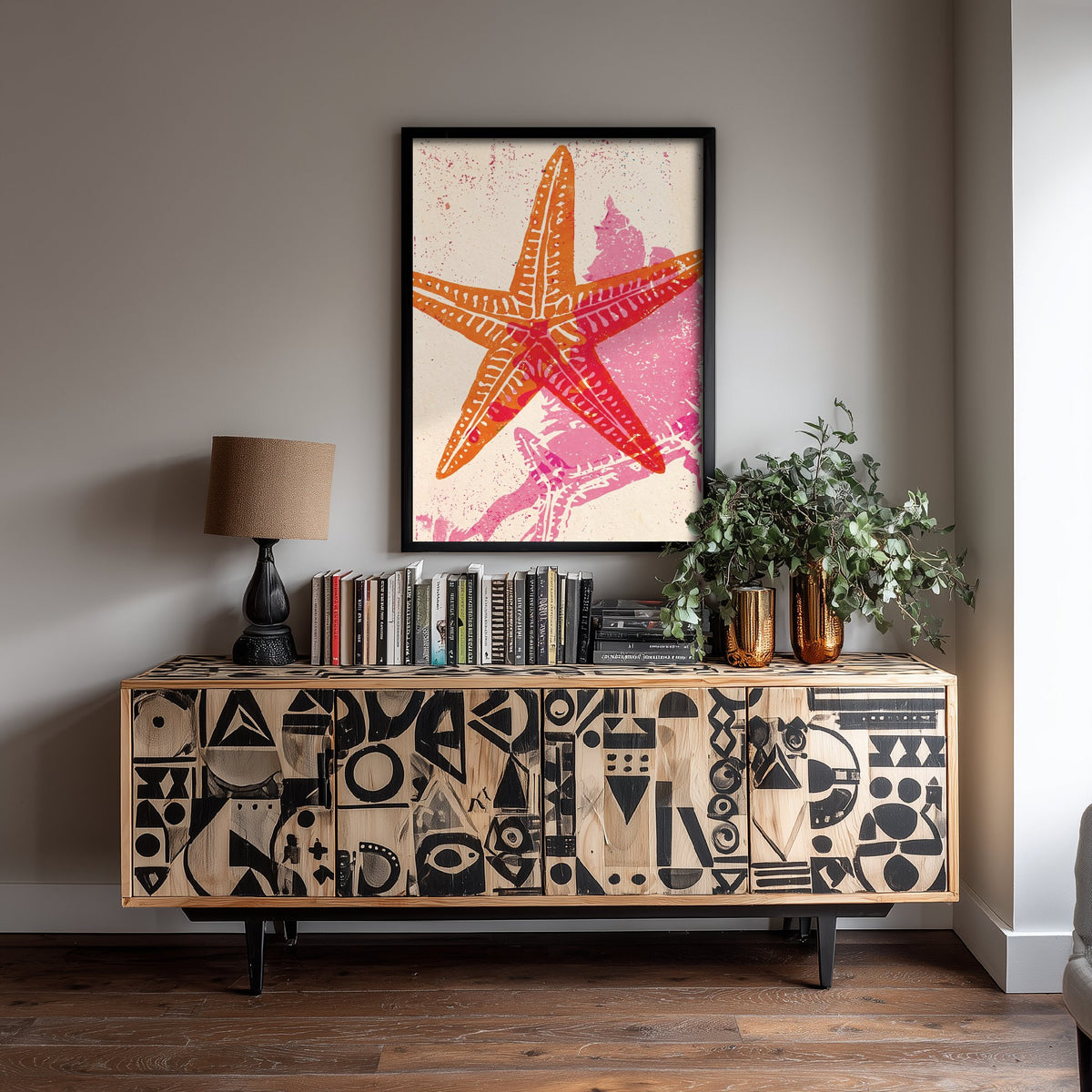 Starfish Art Print - Orange and Pink Sea Star Woodcut - Coastal Beach Poster V2 3/3