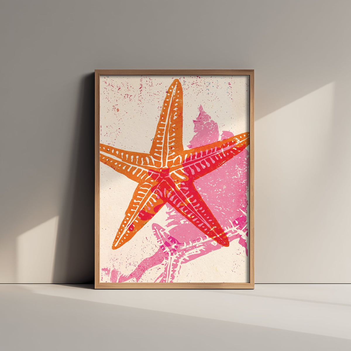 Starfish Art Print - Orange and Pink Sea Star Woodcut - Coastal Beach Poster V2 3/3