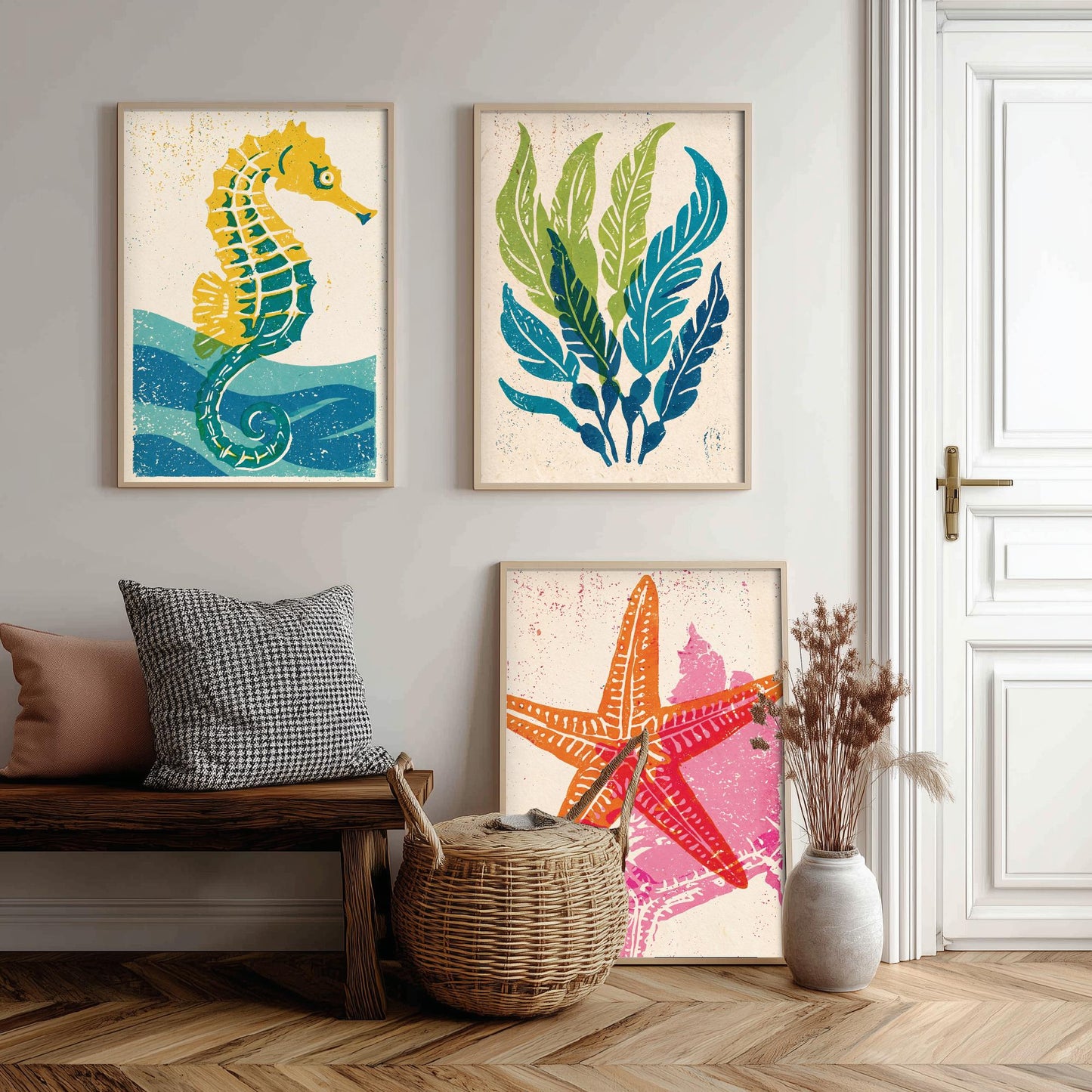 Sea Life Set of Three Art Prints - Seahorse, Seaweed, Starfish - Colourful Coastal Linocut Posters - Beach House Illustration V2