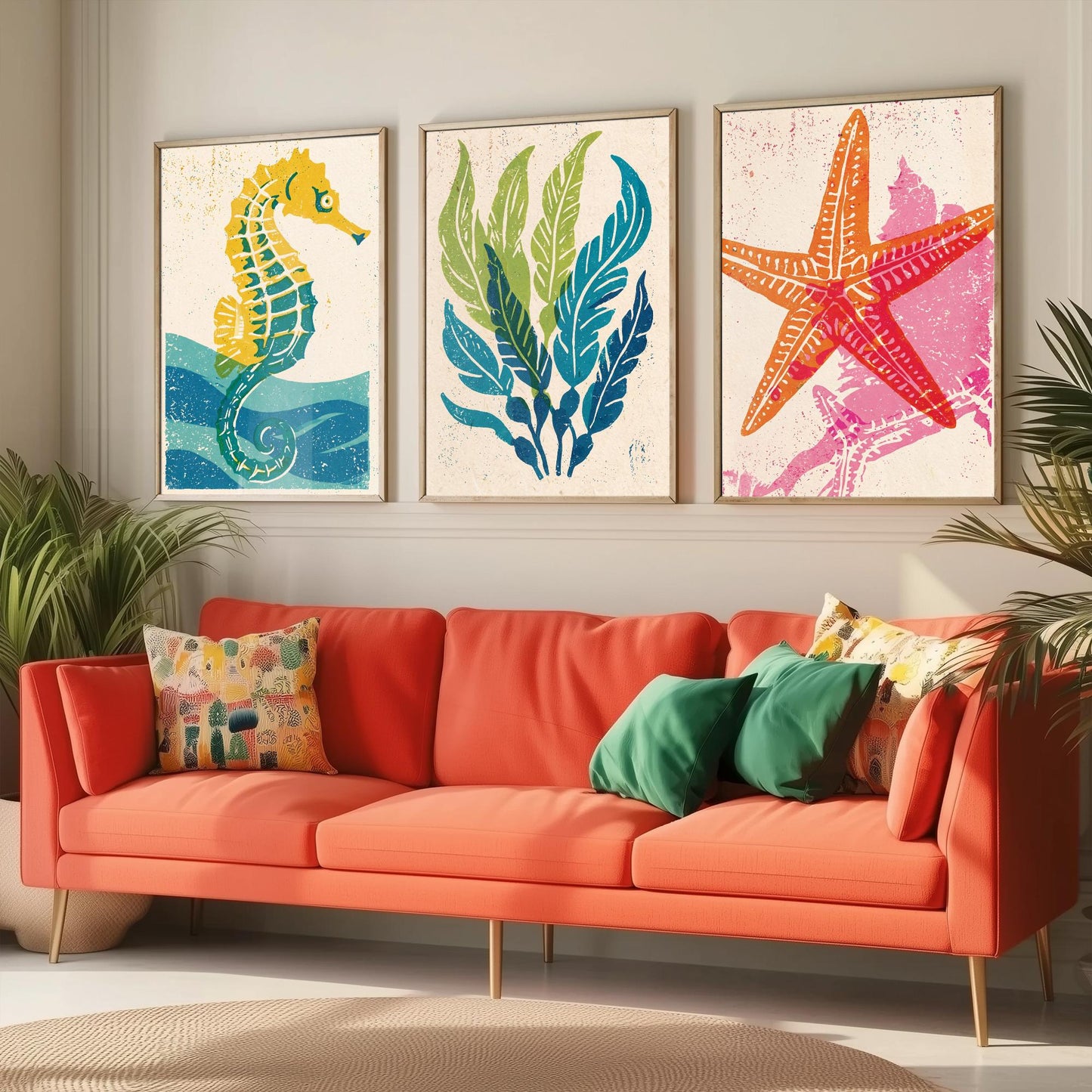 Sea Life Set of Three Art Prints - Seahorse, Seaweed, Starfish - Colourful Coastal Linocut Posters - Beach House Illustration V2