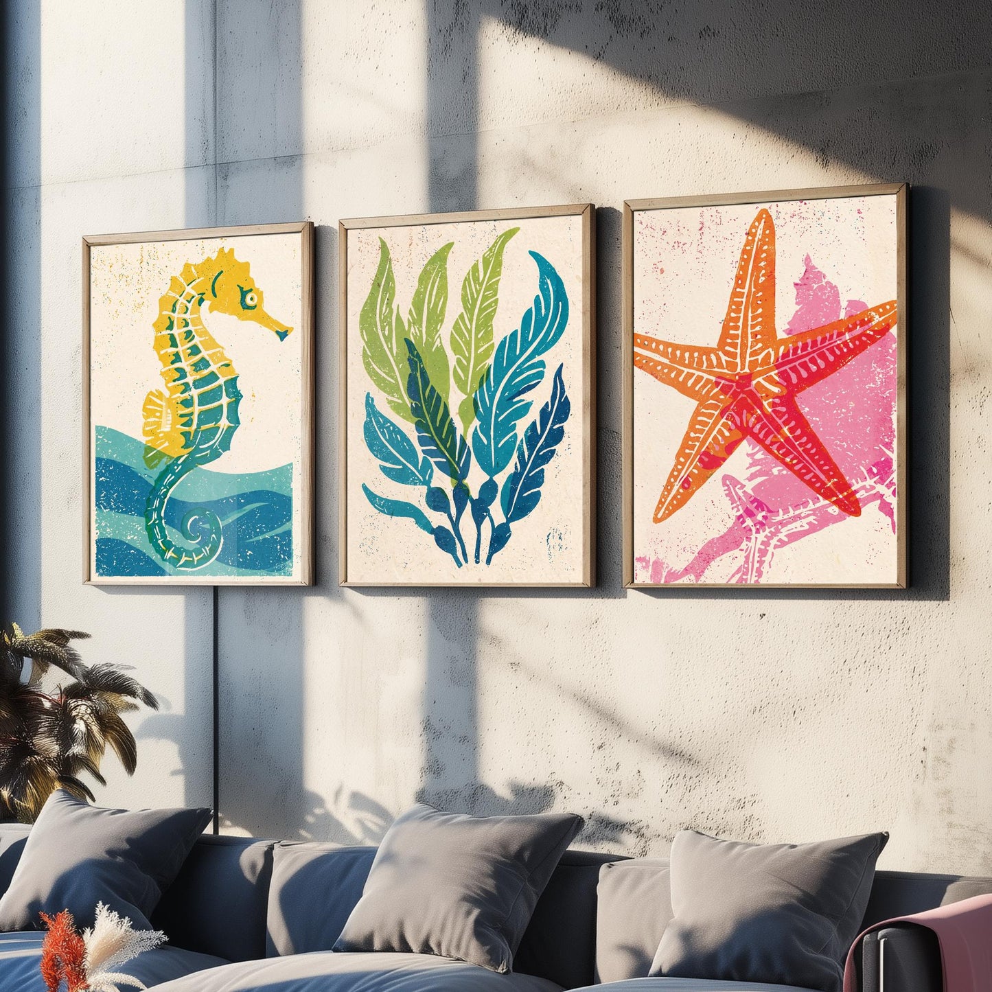 Sea Life Set of Three Art Prints - Seahorse, Seaweed, Starfish - Colourful Coastal Linocut Posters - Beach House Illustration V2