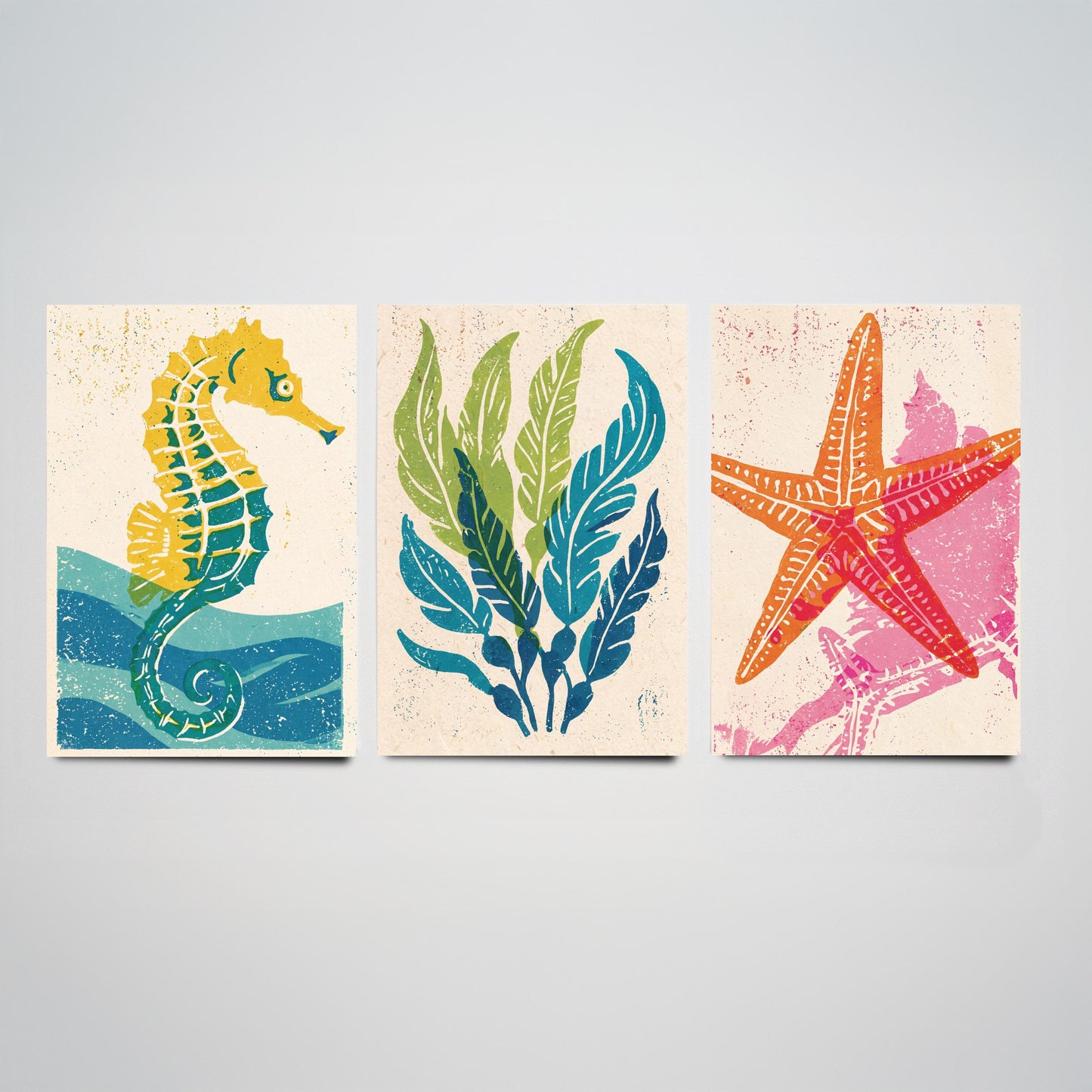 Sea Life Set of Three Art Prints - Seahorse, Seaweed, Starfish - Colourful Coastal Linocut Posters - Beach House Illustration V2
