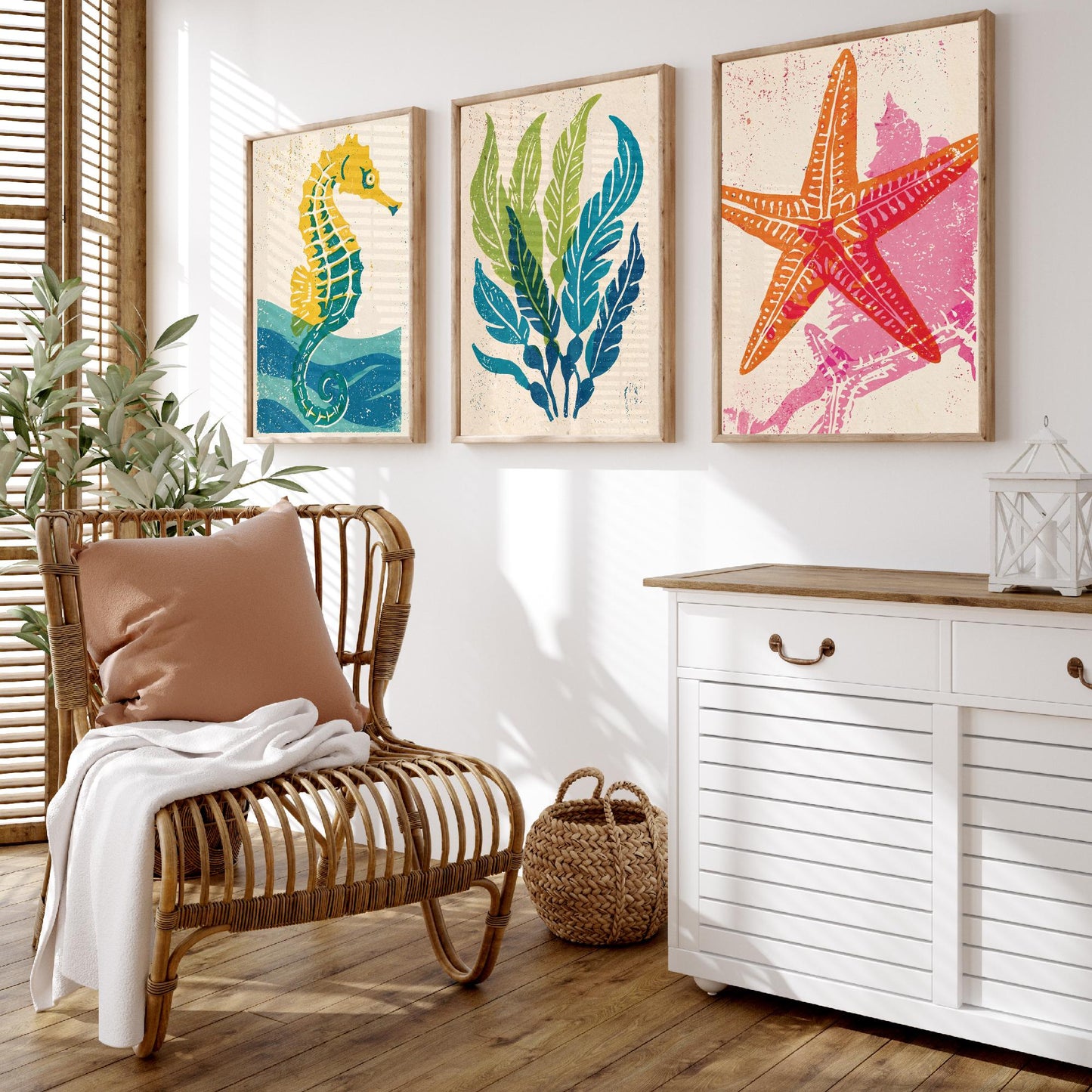 Sea Life Set of Three Art Prints - Seahorse, Seaweed, Starfish - Colourful Coastal Linocut Posters - Beach House Illustration V2