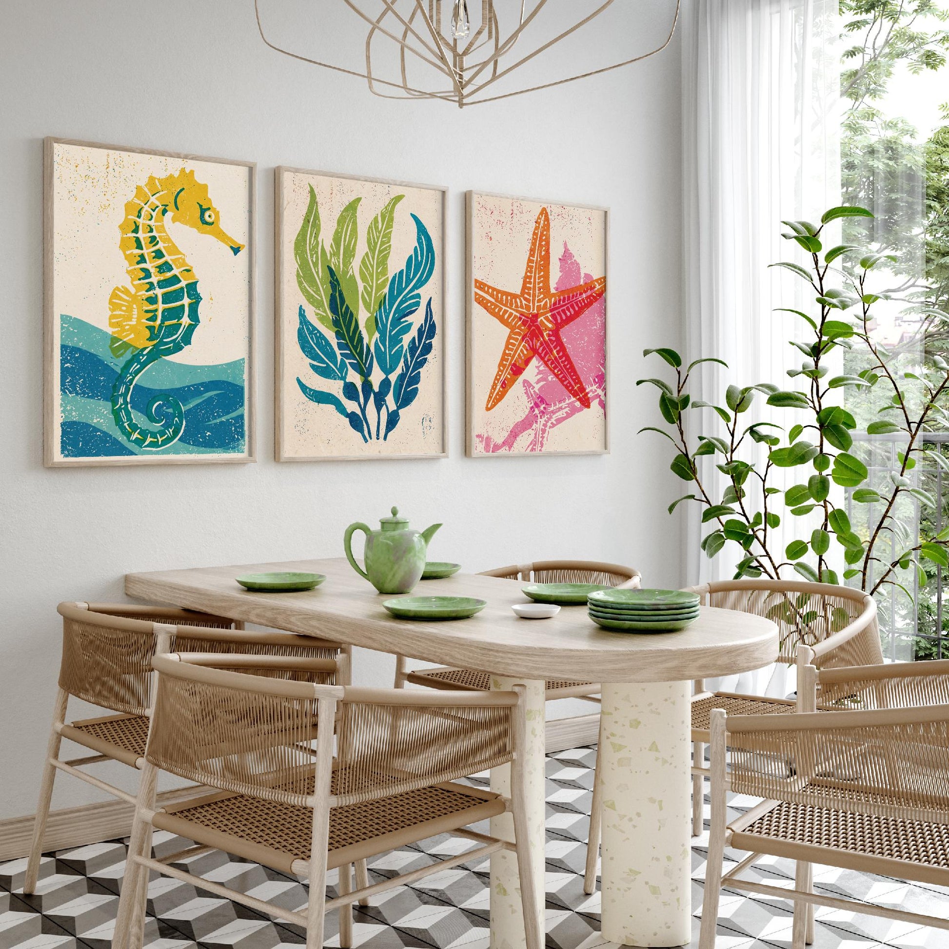 Sea Life Set of Three Art Prints - Seahorse, Seaweed, Starfish - Colourful Coastal Linocut Posters - Beach House Illustration V2
