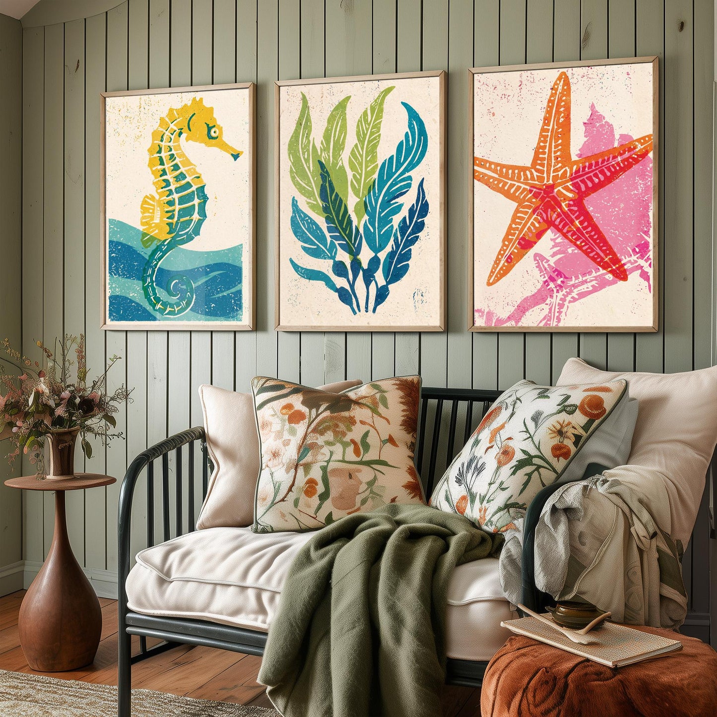 Sea Life Set of Three Art Prints - Seahorse, Seaweed, Starfish - Colourful Coastal Linocut Posters - Beach House Illustration V2