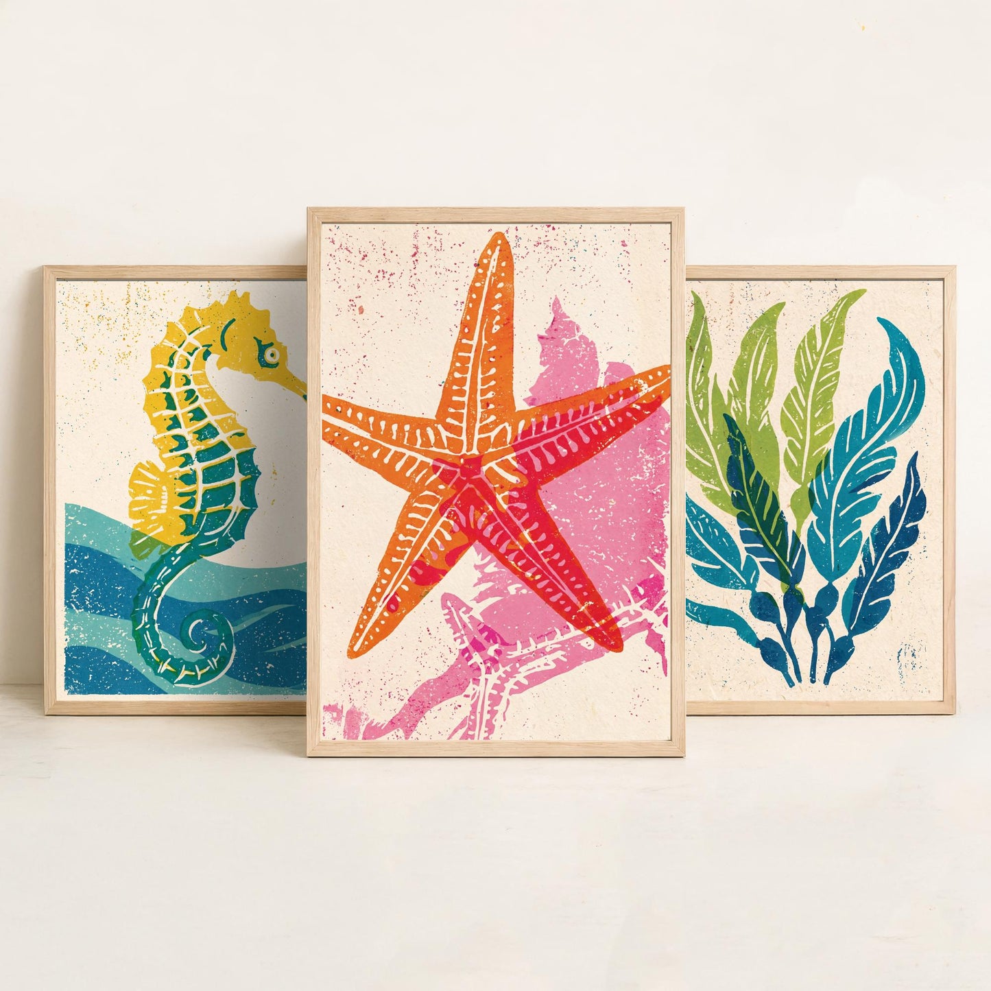 Sea Life Set of Three Art Prints - Seahorse, Seaweed, Starfish - Colourful Coastal Linocut Posters - Beach House Illustration V2